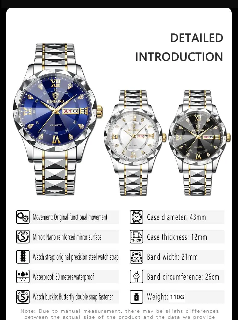 Gosasa Men's and Women's Business Diamond Watch 43mm | Waterproof Quartz with Day-Date - view 8