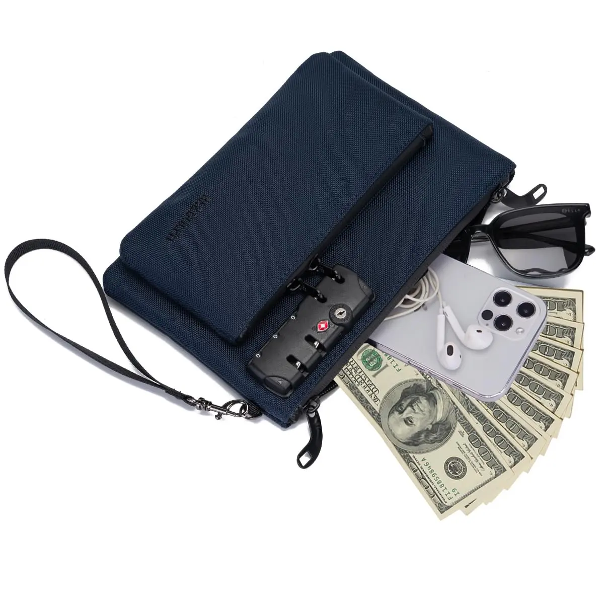 BARDOLPH Lockable Money Bag with Zipper and 3-Digit Code Lock, Double Layer Nylon Bank Bag for Cash, Valuables & Documents (Blue, Small) - view 2