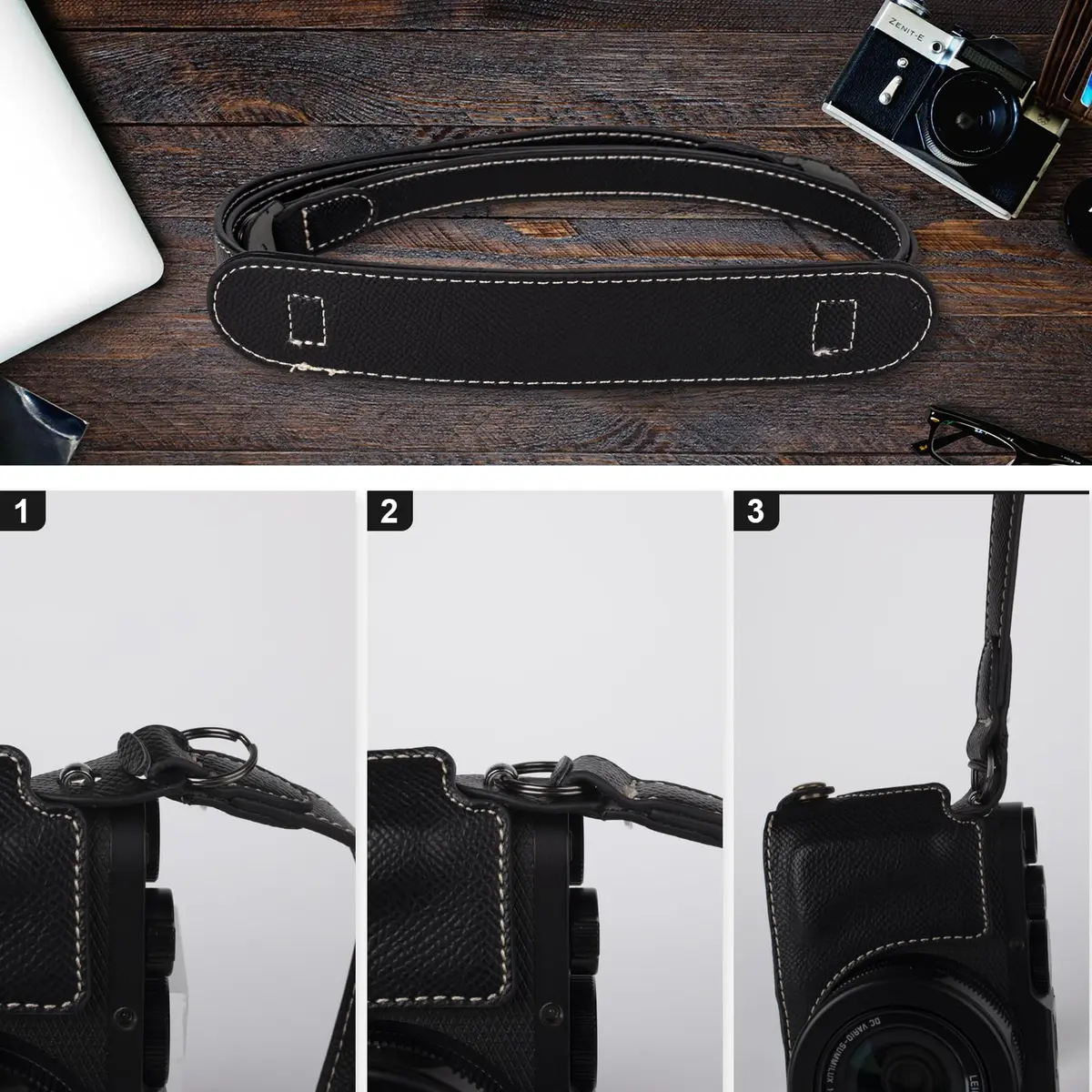 VOVMOEYA Black Camera Half Case Kit with Lens Cap & Shoulder Strap for Leica D-LUX8 | Protective PU Leather - view 7