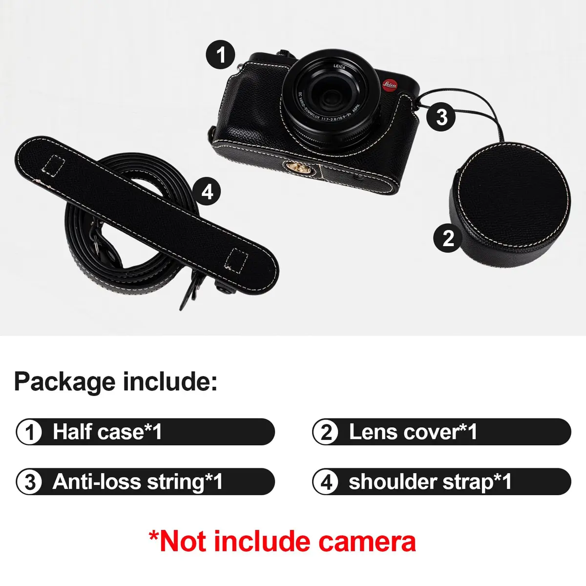 VOVMOEYA Black Camera Half Case Kit with Lens Cap & Shoulder Strap for Leica D-LUX8 | Protective PU Leather - view 3