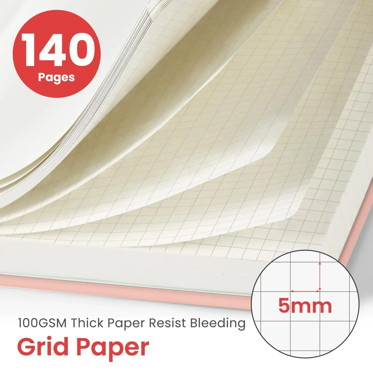 Taja Graph Spiral Journal Notebook A5 (5.7" x 7.9") – Pink | 140 Pages, Hardcover, Ink-Friendly Paper - view 2