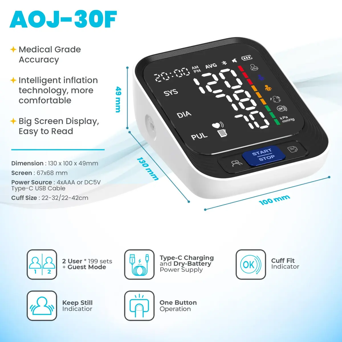 Acenis Automatic Blood Pressure Monitor AOJ-30F | Large Color Screen, Adjustable Cuff, 4xAAA Batteries - view 5