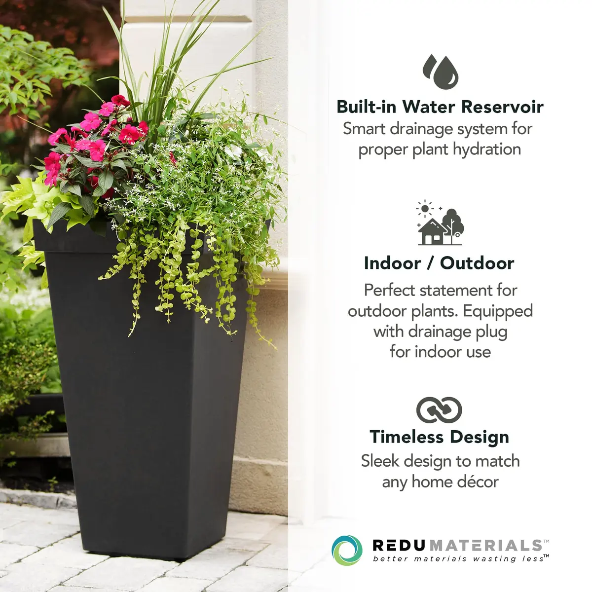 Tierra Verde Self-Watering Square Planter 15" x 28" Black | Modern, Eco-Friendly Indoor & Outdoor Garden Container - view 6