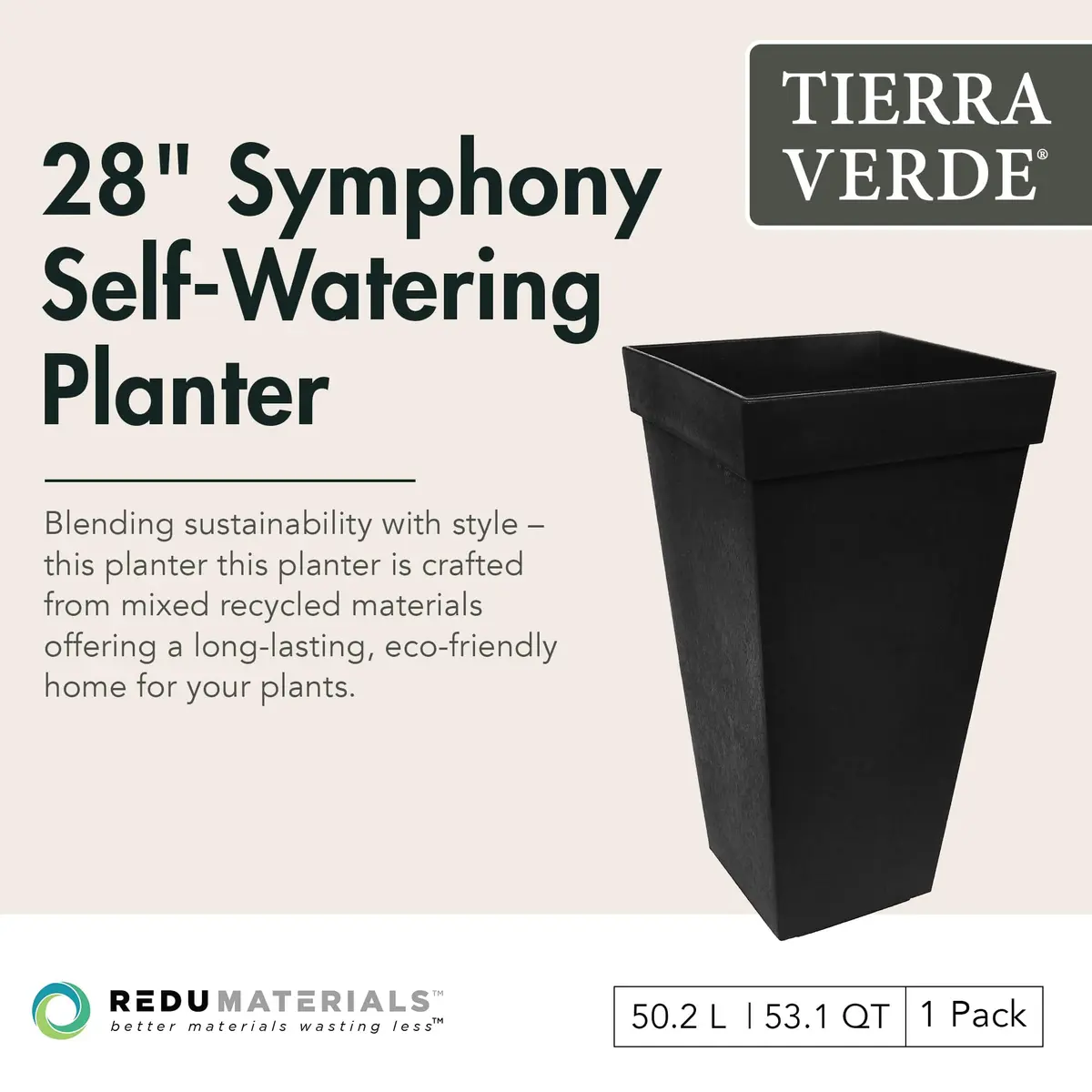Tierra Verde Self-Watering Square Planter 15" x 28" Black | Modern, Eco-Friendly Indoor & Outdoor Garden Container - view 2