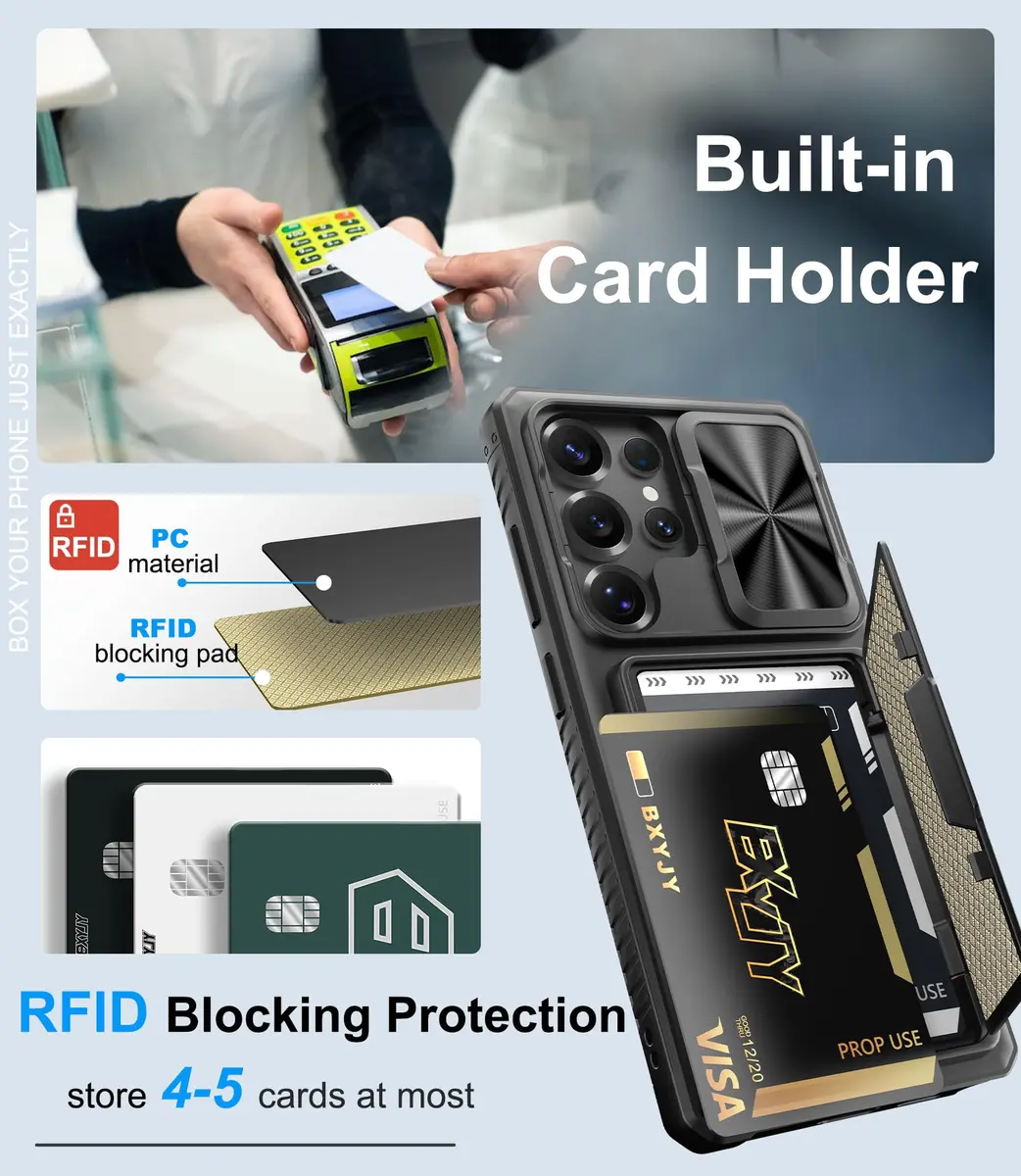 BXYJY Samsung Galaxy S25 Ultra Case with Strap & Card Holder, Black | Military Drop Protection - view 6
