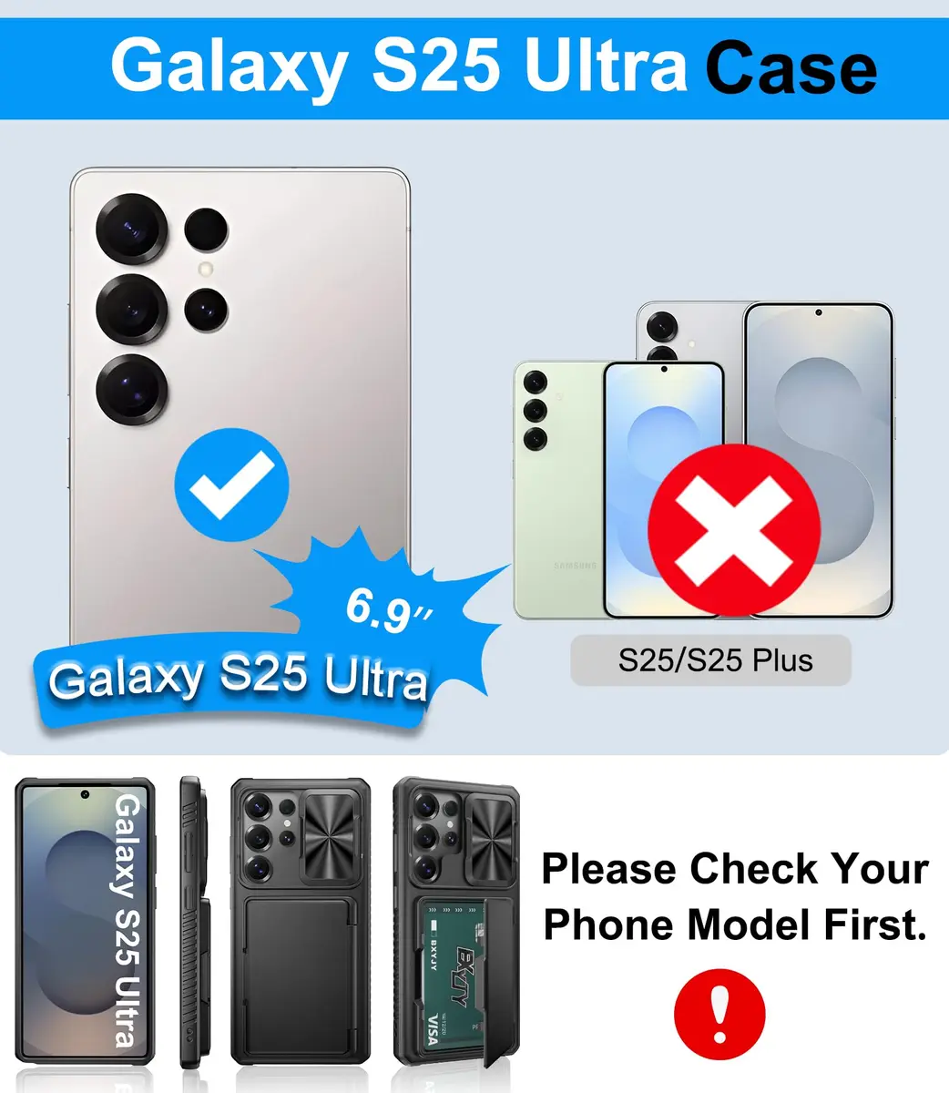BXYJY Samsung Galaxy S25 Ultra Case with Strap & Card Holder, Black | Military Drop Protection - view 2