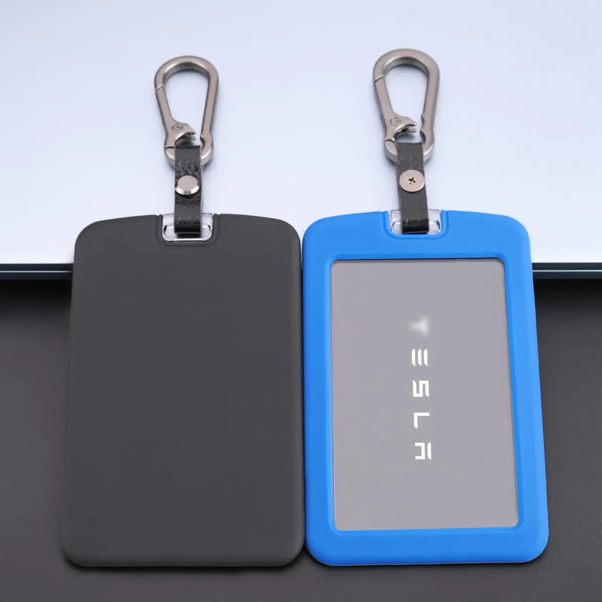 TANDRIVE Key Card Holder Case for Tesla Model 3/Y, Cybertruck, Rivian | 2-Pack Black & Blue Silicone with Keychains - main product image