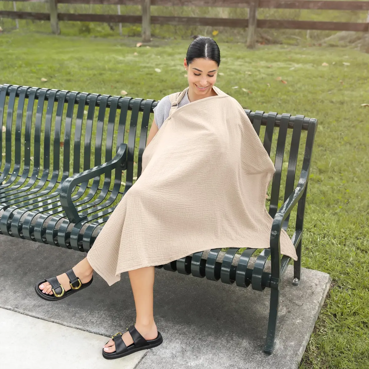 Comfy Cubs Muslin Nursing Cover Sand | Soft & Breathable Baby Nursing Scarf with Adjustable Neck Strap - Portable, Lightweight & Privacy Breast Feeding Cover - view 5