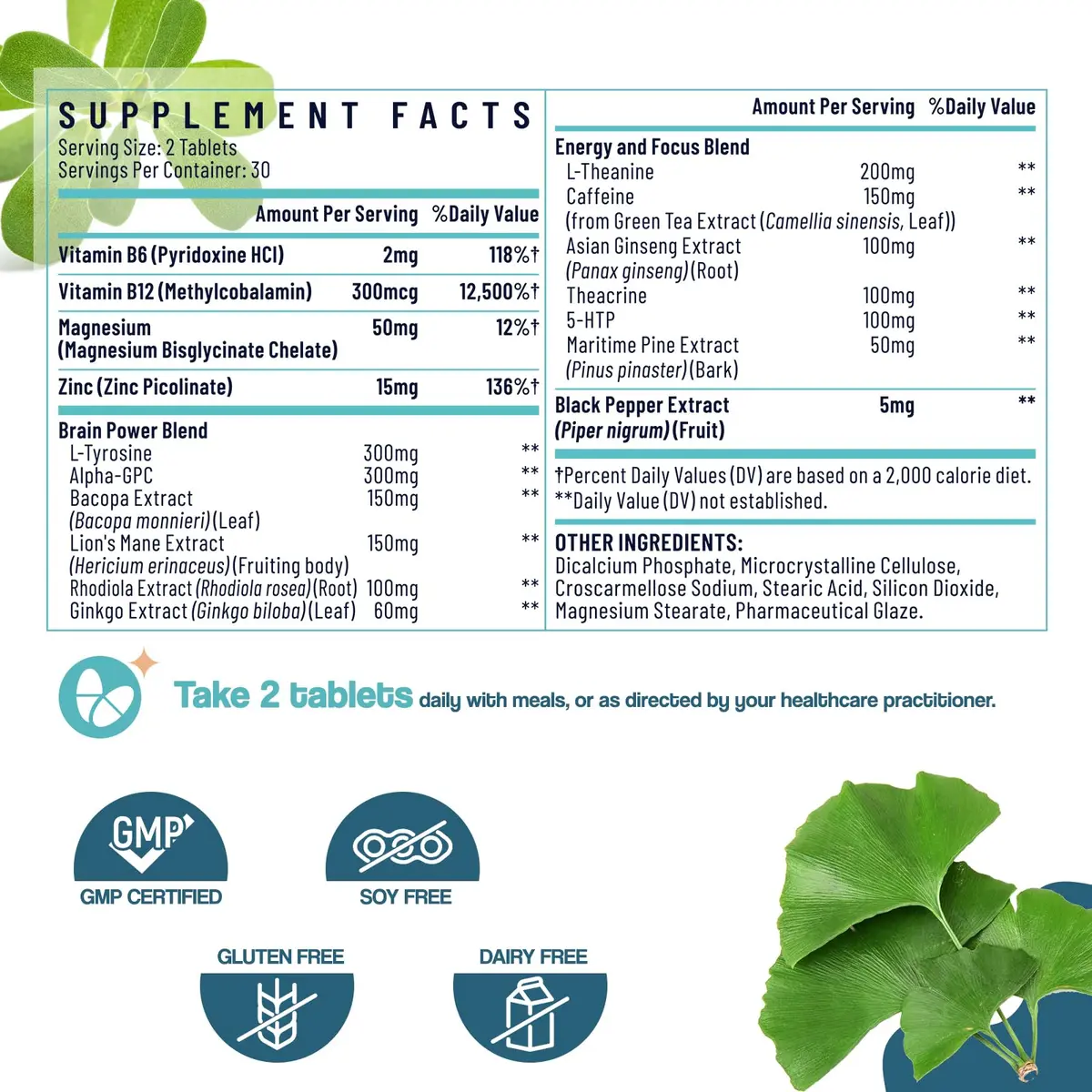 Sapotax 17-in-1 Brain Supplement for Memory & Focus | Nootropic with Herbal Extracts, Vitamins & Amino Acids (120 Tablets) - view 2