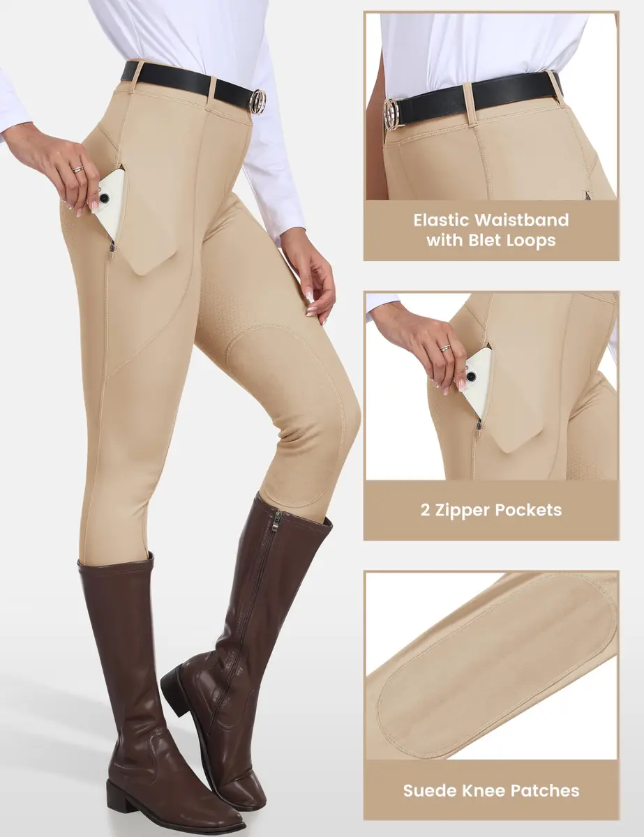 MoFiz Women's Horse Riding Pants with Zipper Pockets | Full Seat Silicone Grip Breeches for Women Light Khaki M - view 6