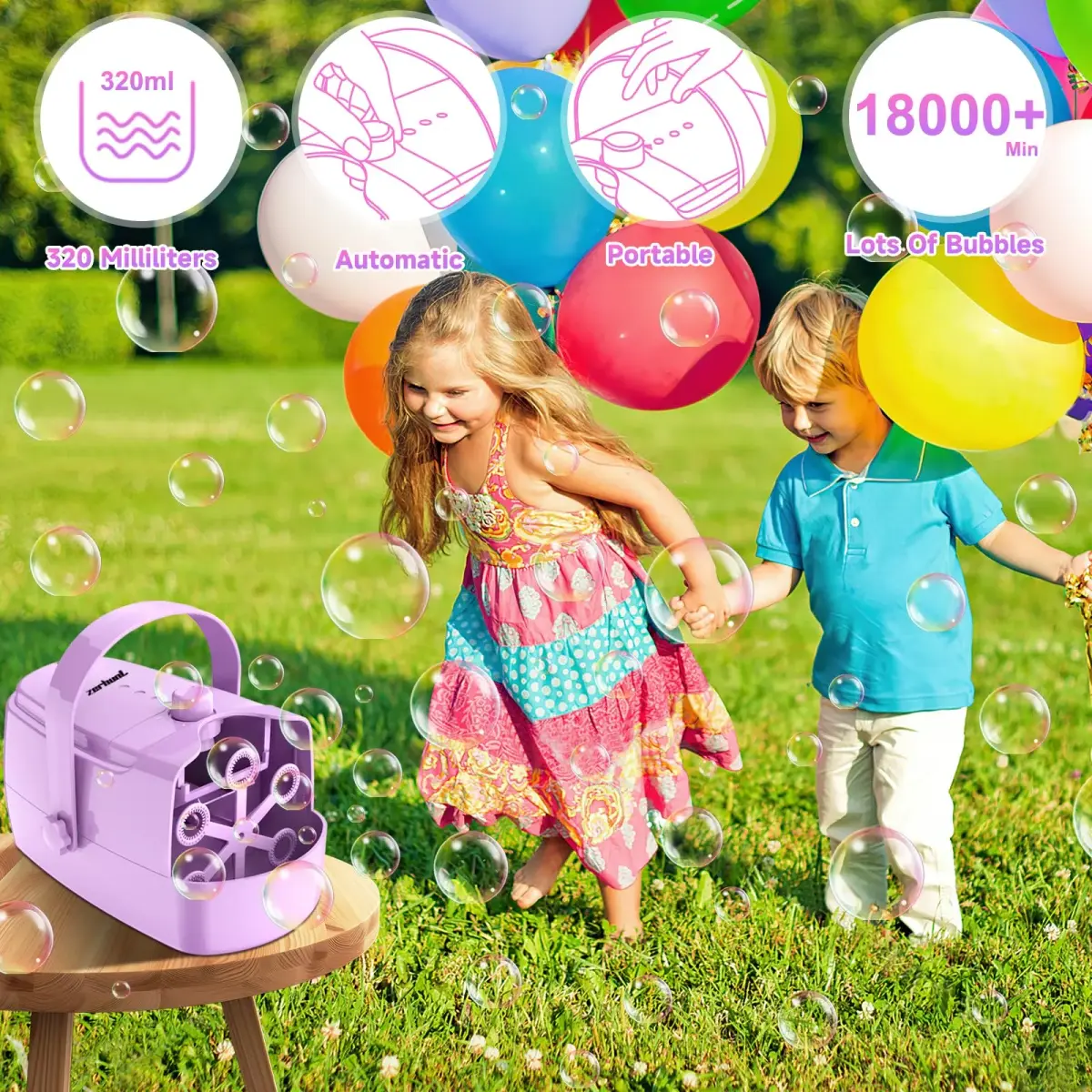 Zerhunt Automatic Bubble Machine Purple | 18000+ Bubbles/Min, Dual Power, Portable - view 2