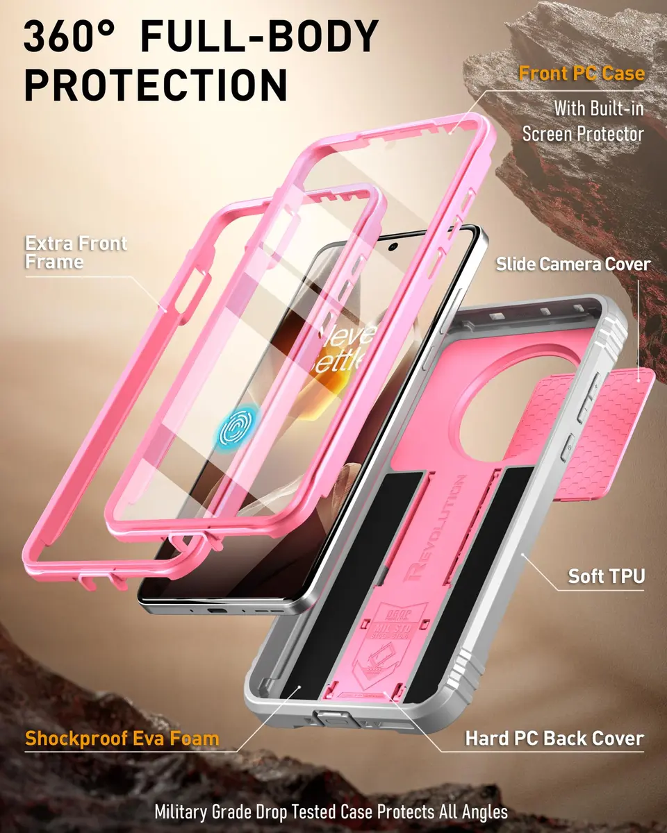 Poetic Revolution Case for OnePlus 13 5G | Full Body Shockproof with Slide Camera Cover & Screen Protector, Pink - view 3