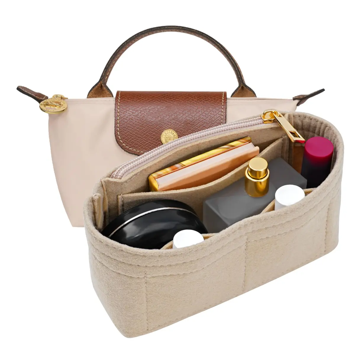 LOUKAYCCI Purse Organizer Insert for Longchamp Le Pliage Mini Bag | Felt Organizer with Zipper, Beige (15.2 cm x 5.1 cm x 8.1 cm) - main product image