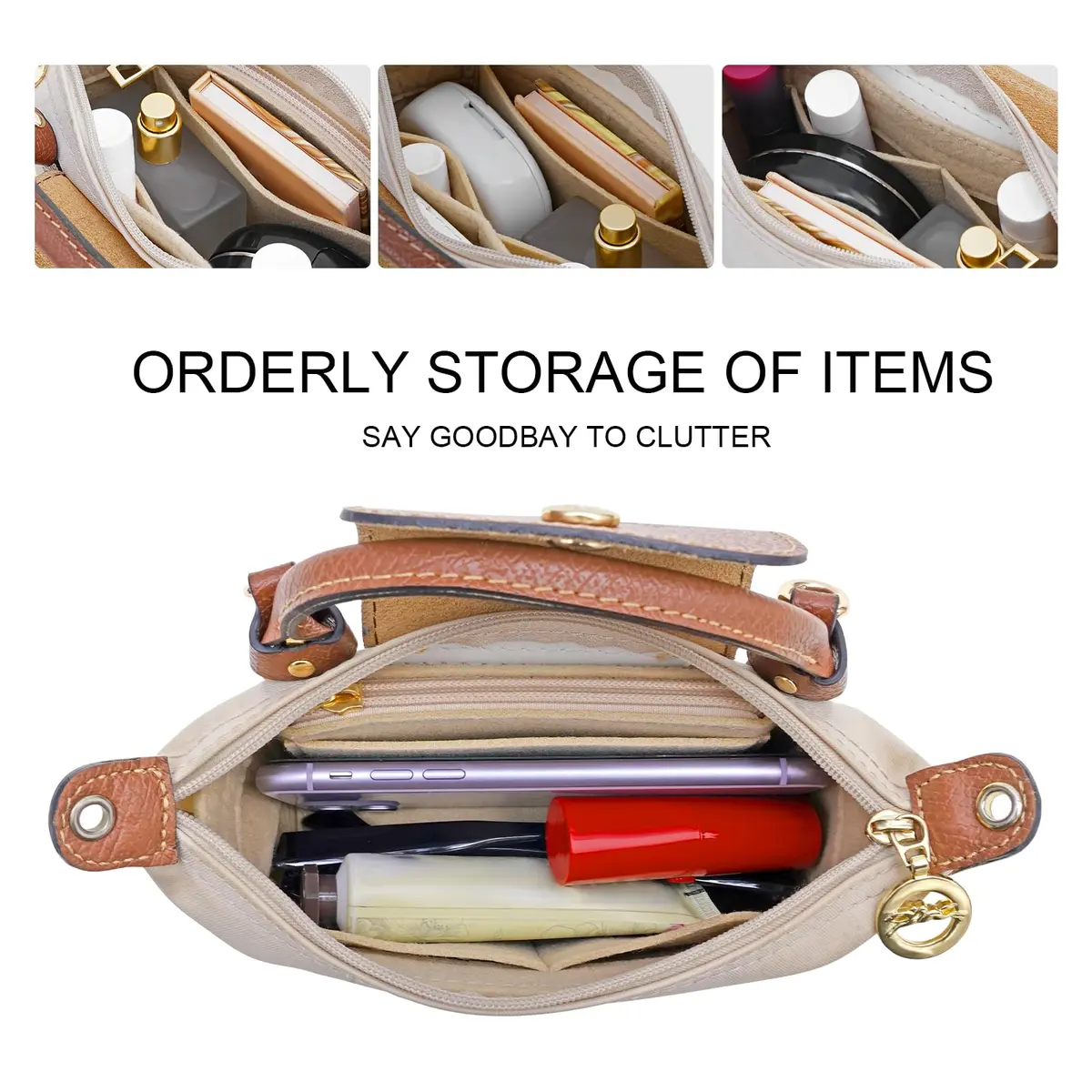 LOUKAYCCI Purse Organizer Insert for Longchamp Le Pliage Mini Bag | Felt Organizer with Zipper, Beige (15.2 cm x 5.1 cm x 8.1 cm) - view 5