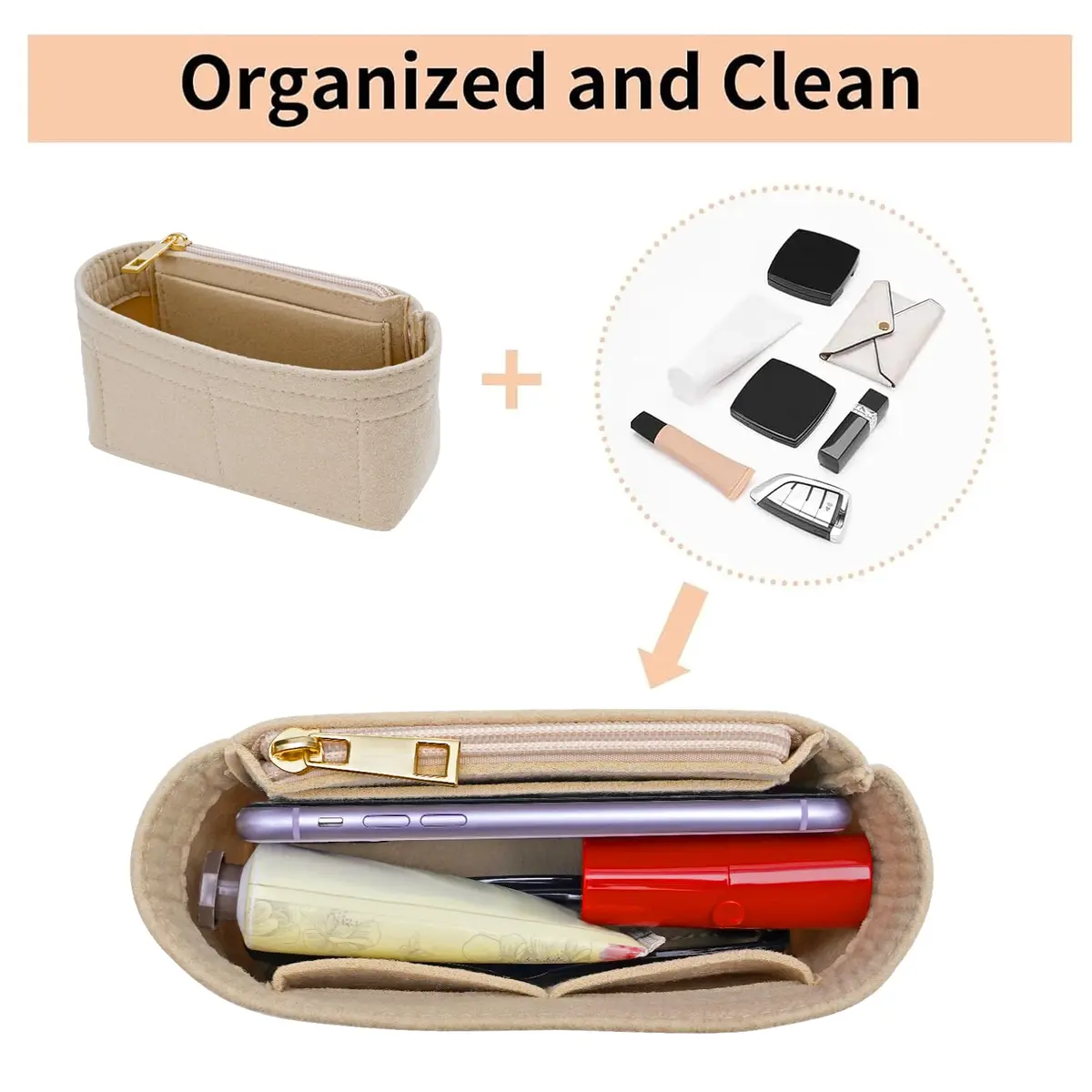 LOUKAYCCI Purse Organizer Insert for Longchamp Le Pliage Mini Bag | Felt Organizer with Zipper, Beige (15.2 cm x 5.1 cm x 8.1 cm) - view 6