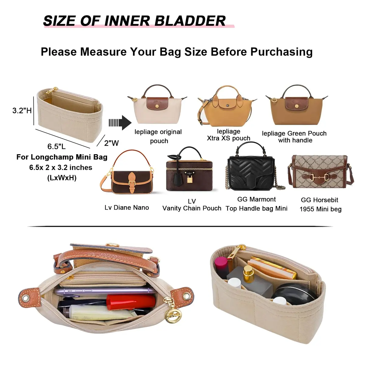 LOUKAYCCI Purse Organizer Insert for Longchamp Le Pliage Mini Bag | Felt Organizer with Zipper, Beige (15.2 cm x 5.1 cm x 8.1 cm) - view 2