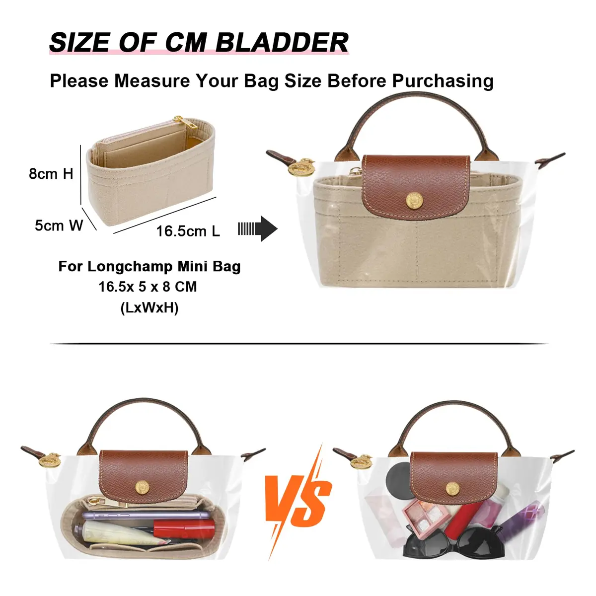 LOUKAYCCI Purse Organizer Insert for Longchamp Le Pliage Mini Bag | Felt Organizer with Zipper, Beige (15.2 cm x 5.1 cm x 8.1 cm) - view 3