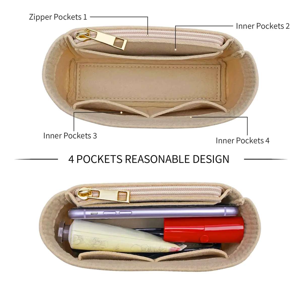 LOUKAYCCI Purse Organizer Insert for Longchamp Le Pliage Mini Bag | Felt Organizer with Zipper, Beige (15.2 cm x 5.1 cm x 8.1 cm) - view 4