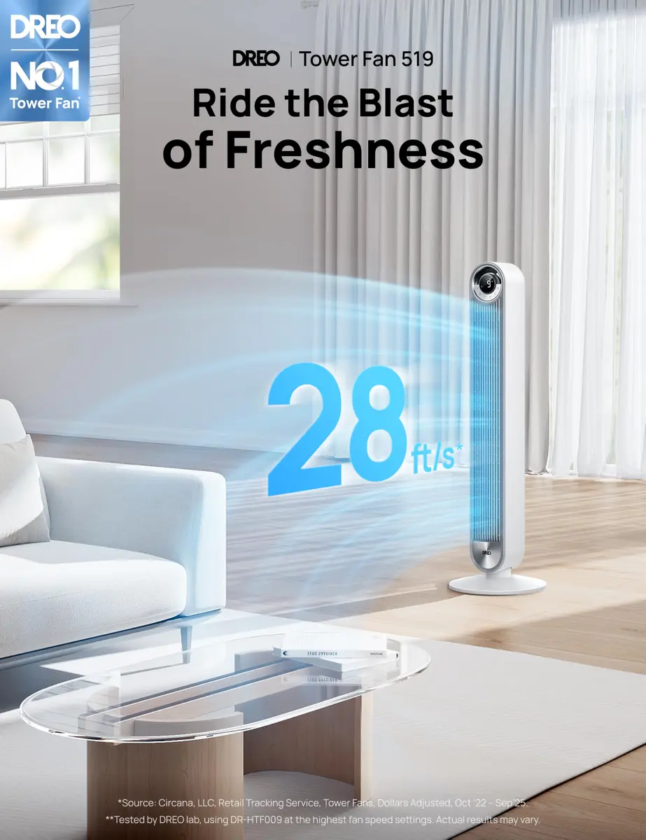 DREO Tower Fan for Bedroom, 42Inch, 9 Speeds, DC 28ft/s Velocity, Quiet & Remote Control - view 2