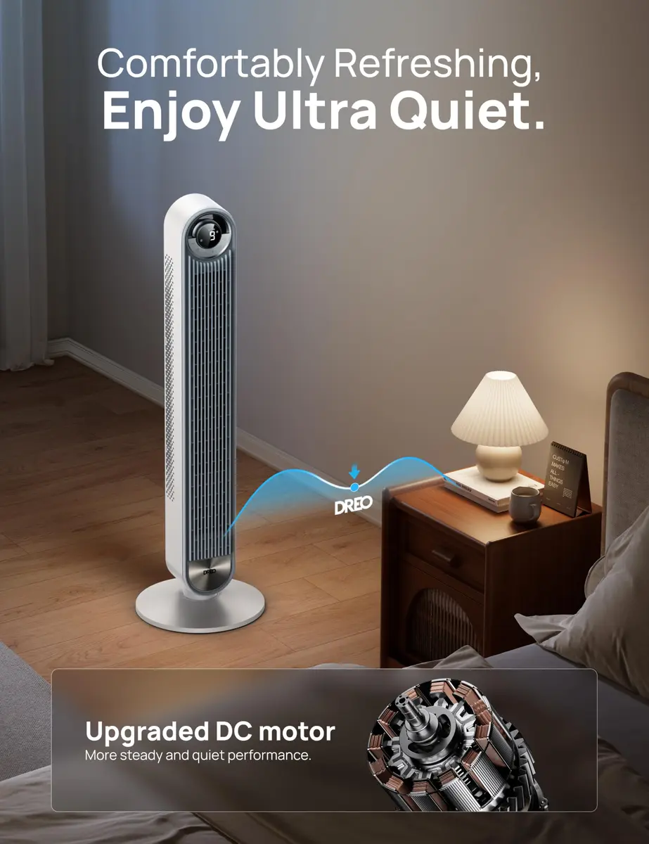 DREO Tower Fan for Bedroom, 42Inch, 9 Speeds, DC 28ft/s Velocity, Quiet & Remote Control - view 3