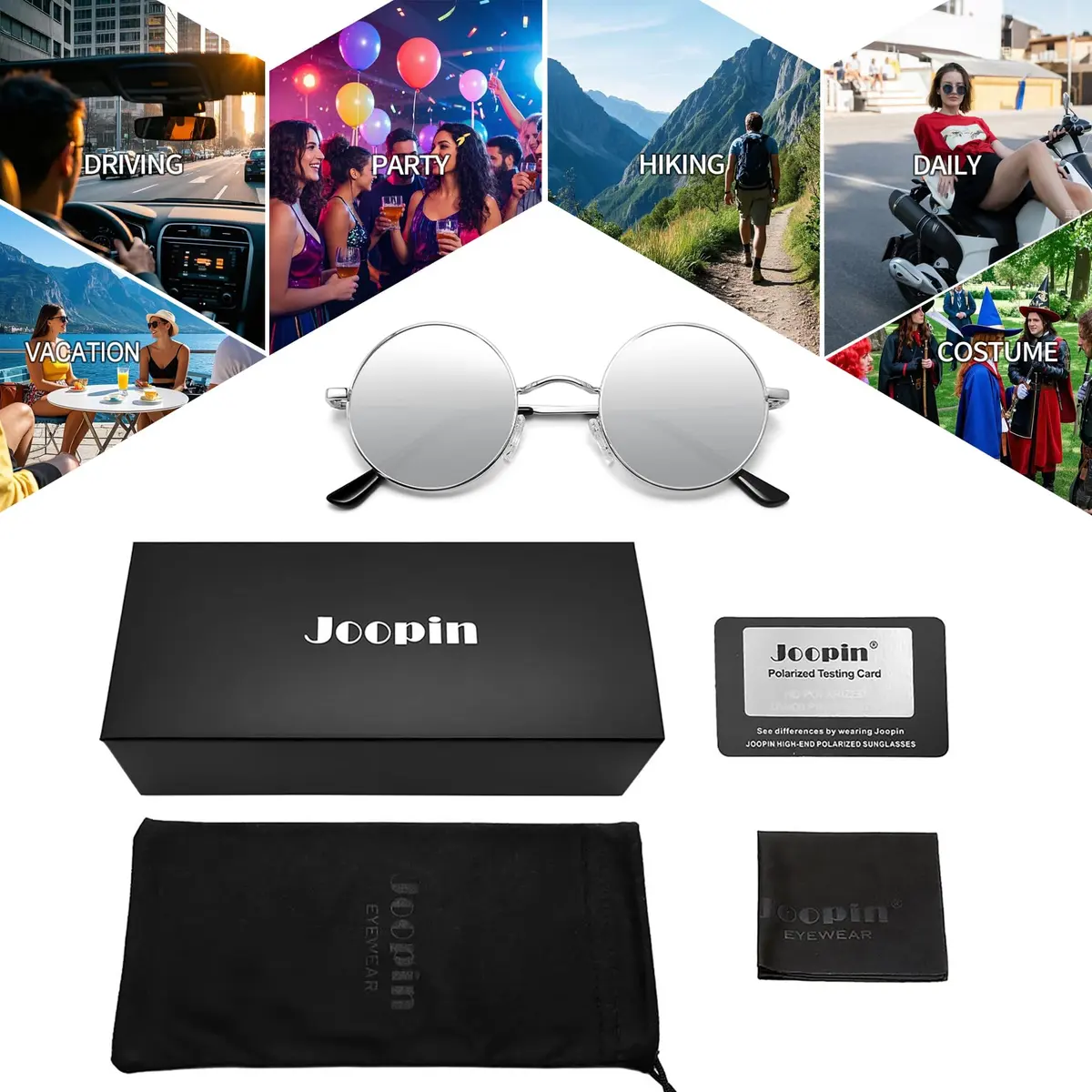Joopin Small Round Silver Sunglasses Reflective UV400 Polarized Shades for Men Women - view 6