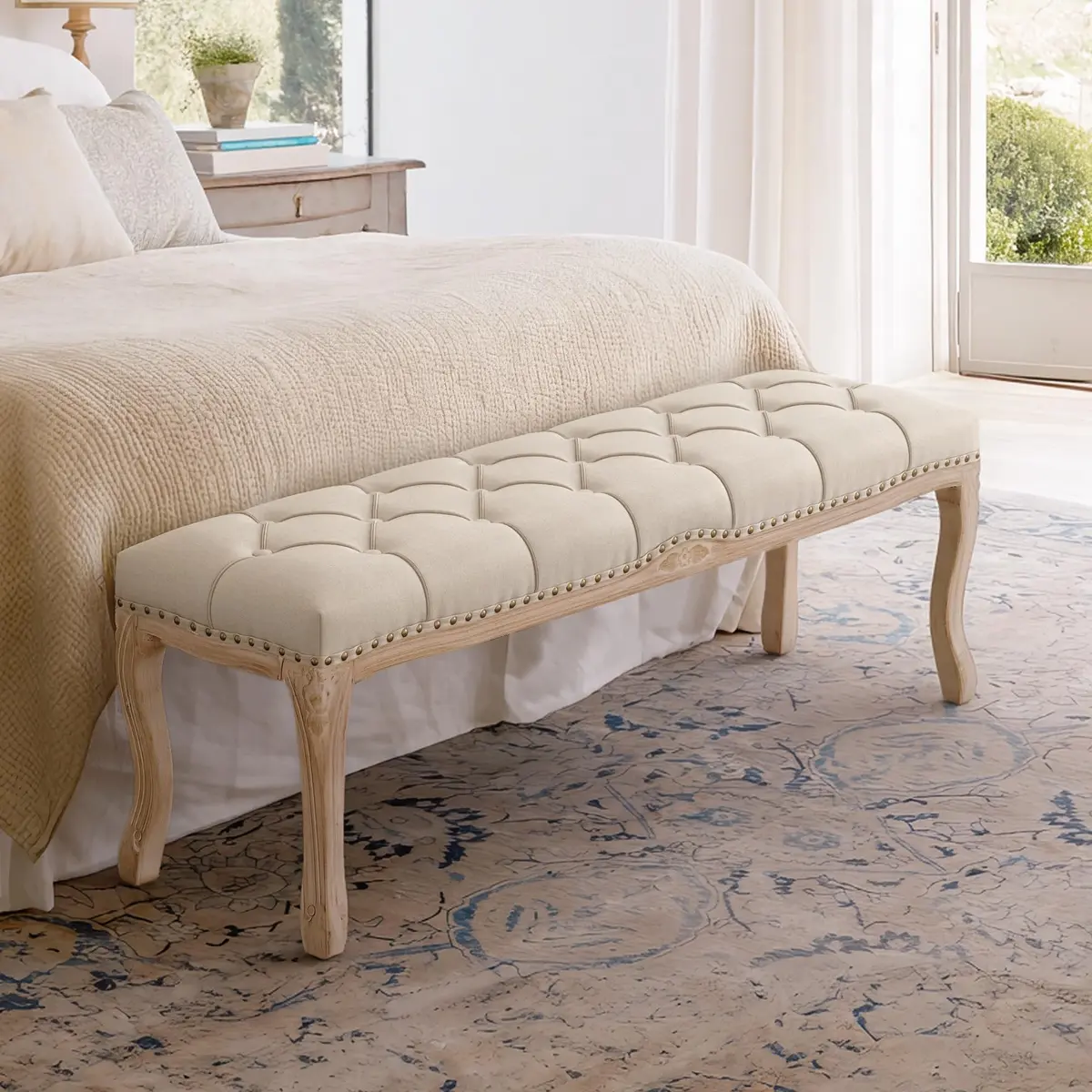 Cozyman Bedroom Bench, French Vintage Tufted Linen 52.5" | Elegant Upholstered End of Bed Ottoman - view 2