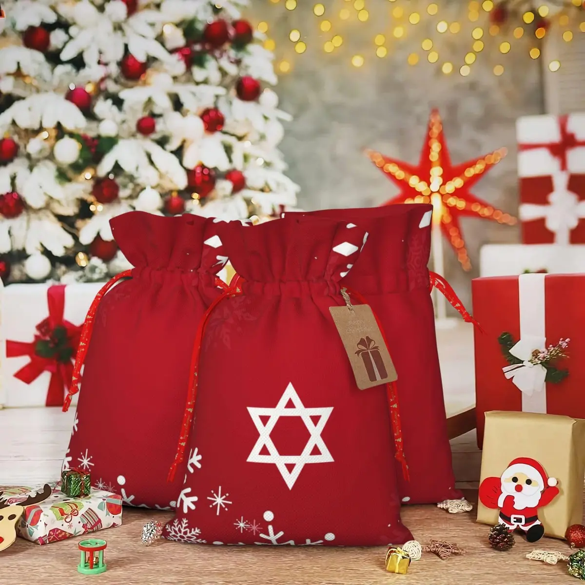 BXDEOOPWE Yeshua Star Of David Christmas Drawstring Bag 1 Count | Red Gift Bag for Christmas & Gifts - view 7