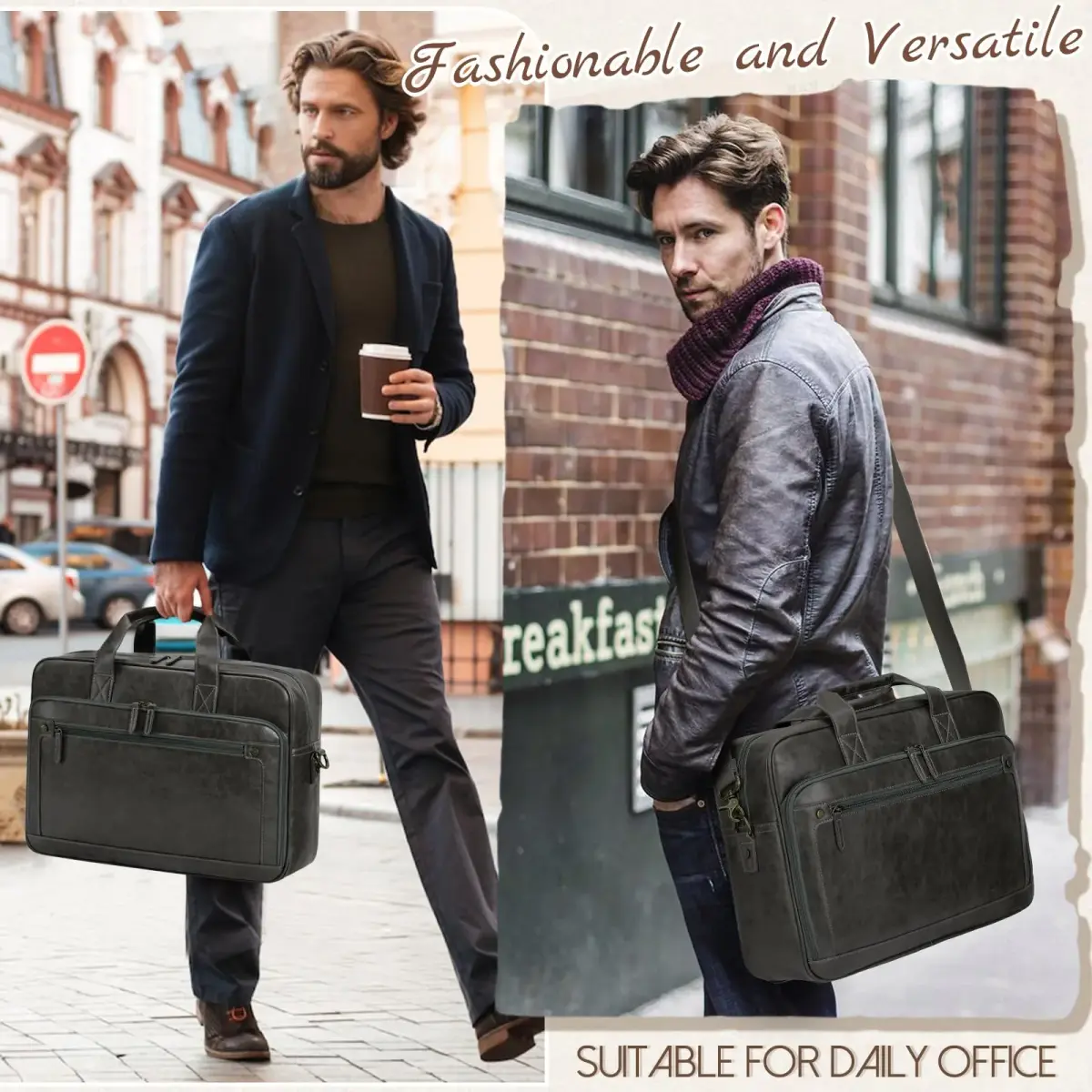 RAINSMORE Men's Leather Laptop Bag 16 Inch Vintage Messenger Satchel Bag | Water-Resistant Business Briefcase for Men - view 2