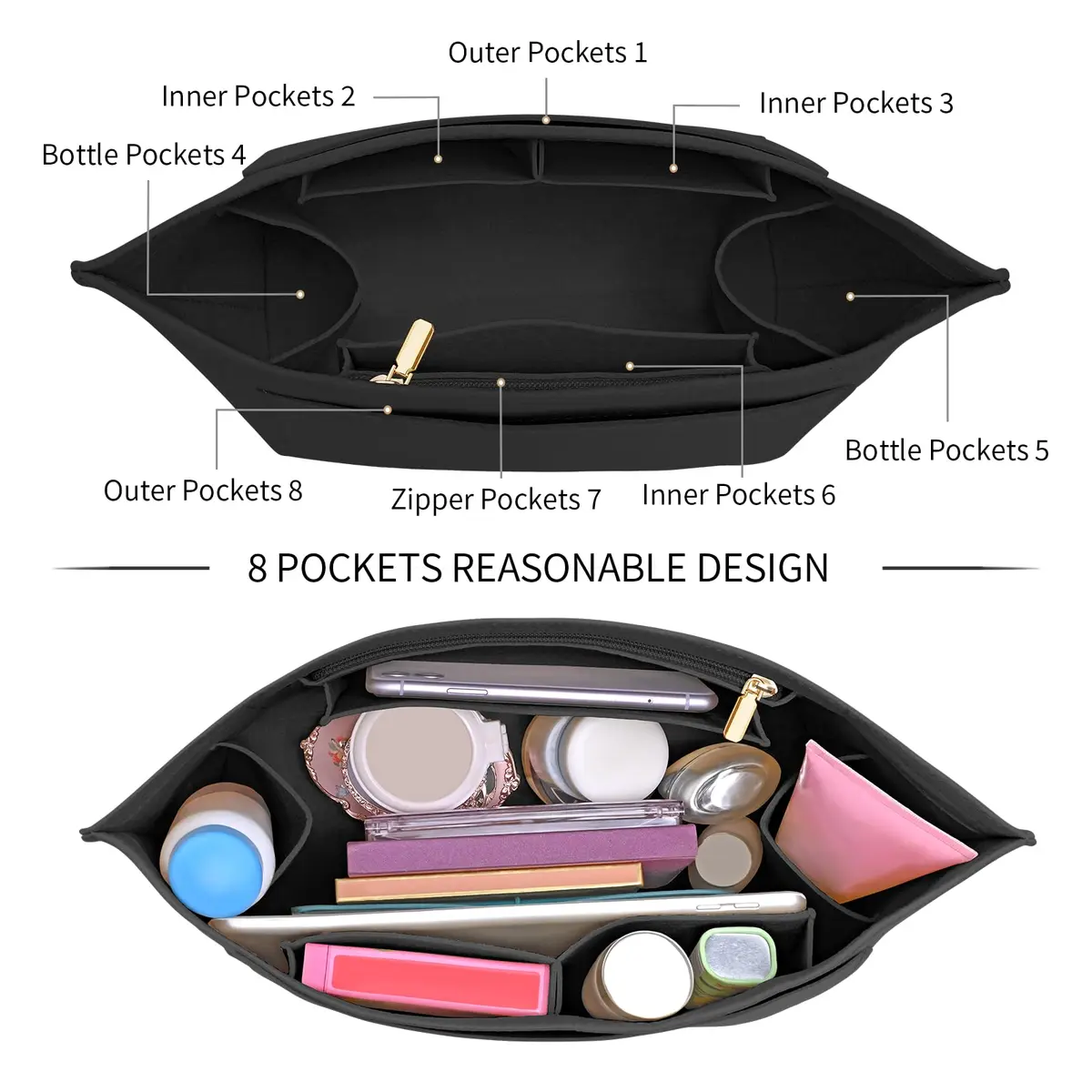LOUKAYCCI Purse Organizer Insert for Longchamp Le Pliage M | Felt Tote Bag Organizer with 8 Compartments - view 6