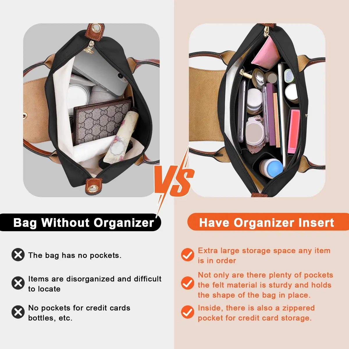 LOUKAYCCI Purse Organizer Insert for Longchamp Le Pliage M | Felt Tote Bag Organizer with 8 Compartments - view 3