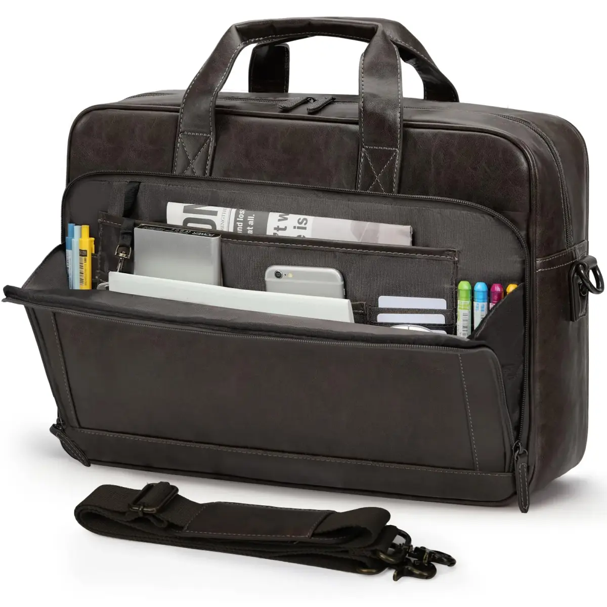 RAINSMORE Men's Leather Laptop Briefcase 16 Inch Vintage Messenger Bag | Water Resistant, Detachable Strap, 40.4 cm (15.9 in) - main product image