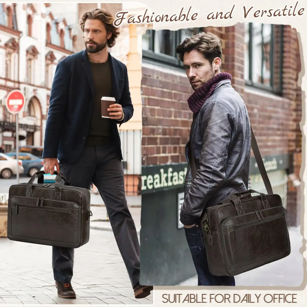 RAINSMORE Men's Leather Laptop Briefcase 16 Inch Vintage Messenger Bag | Water Resistant, Detachable Strap, 40.4 cm (15.9 in) - view 2