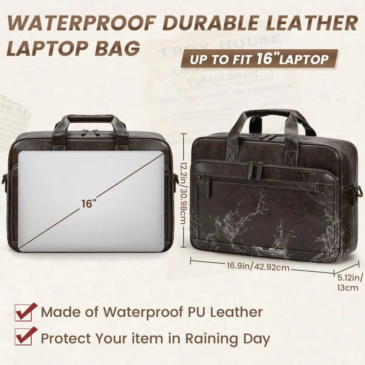 RAINSMORE Men's Leather Laptop Briefcase 16 Inch Vintage Messenger Bag | Water Resistant, Detachable Strap, 40.4 cm (15.9 in) - view 3