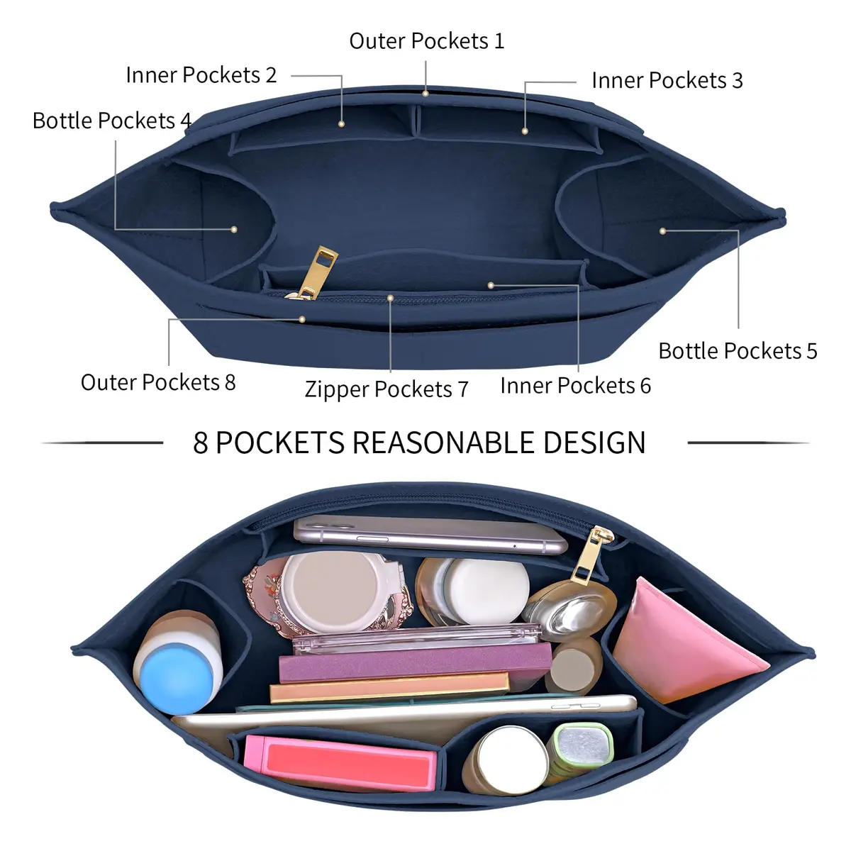LOUKAYCCI Purse Organizer Insert for Longchamp Le Pliage L | Felt Tote Bag Organizer with 8 Compartments - view 6