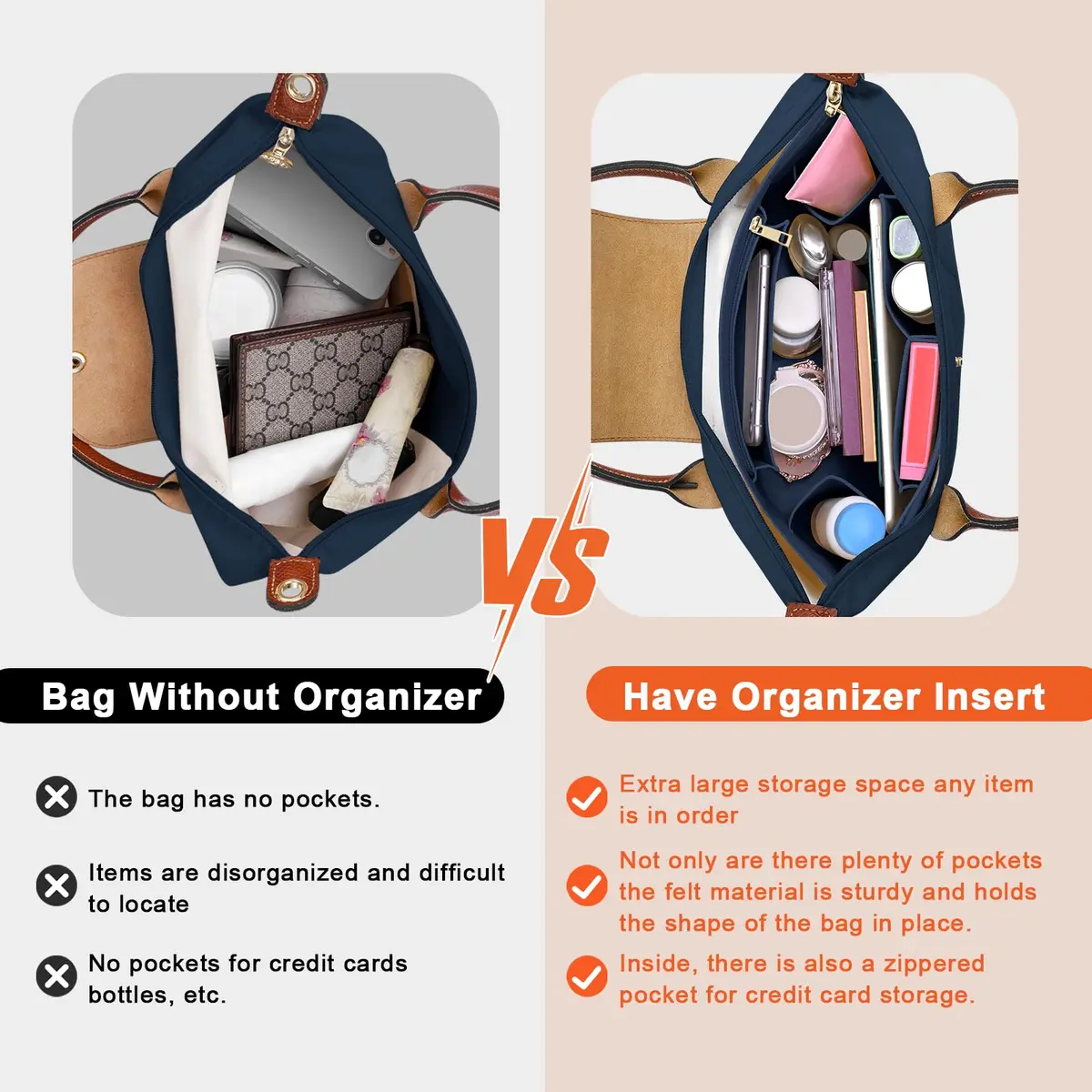 LOUKAYCCI Purse Organizer Insert for Longchamp Le Pliage L | Felt Tote Bag Organizer with 8 Compartments - view 3