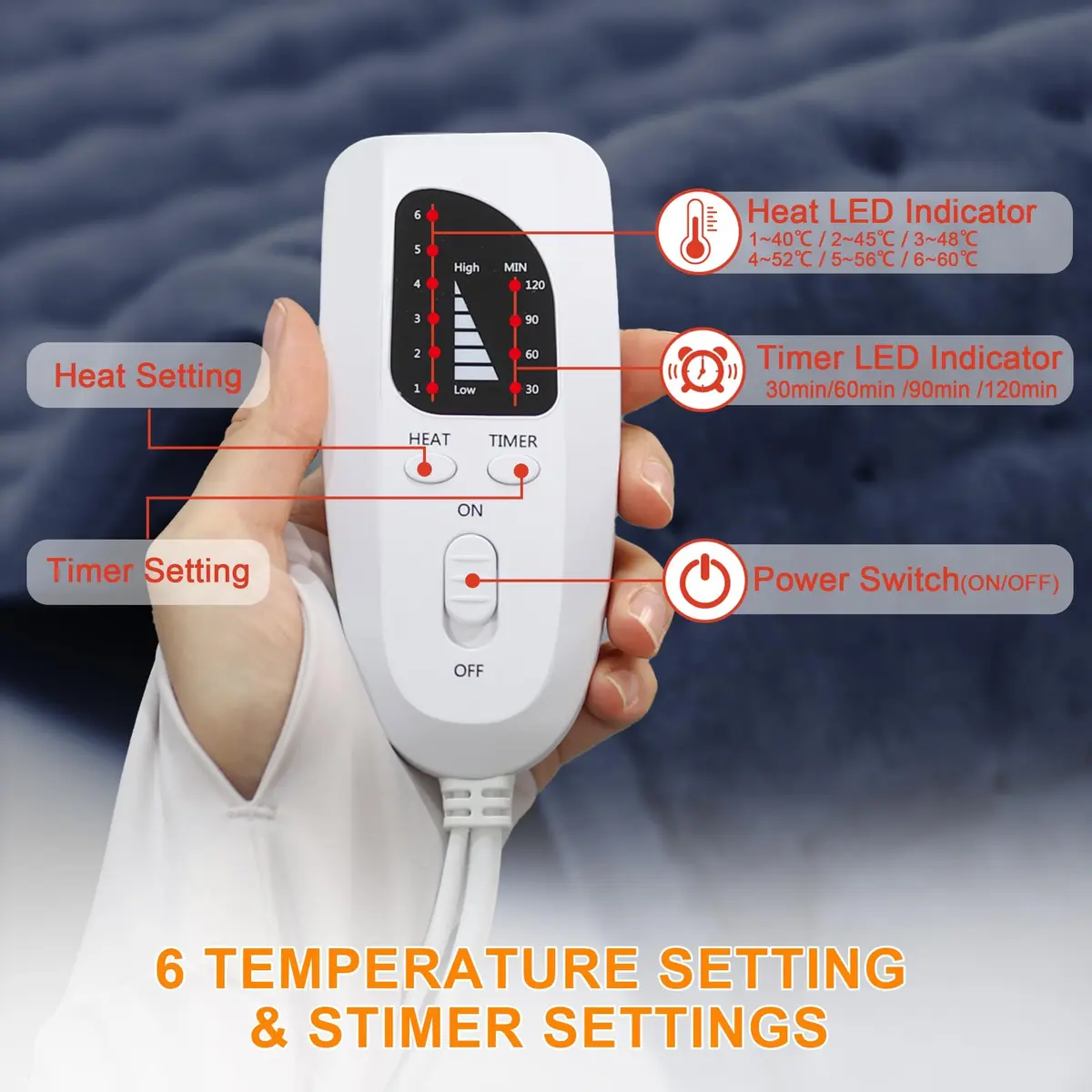 Deepsoon Electric Heating Pad for Back 24x12 Inch Navy Blue | Fast Heat & Auto Shut-Off - view 7