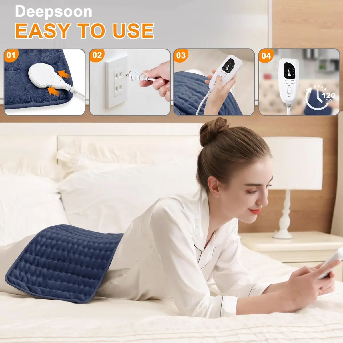 Deepsoon Electric Heating Pad for Back 24x12 Inch Navy Blue | Fast Heat & Auto Shut-Off - view 3
