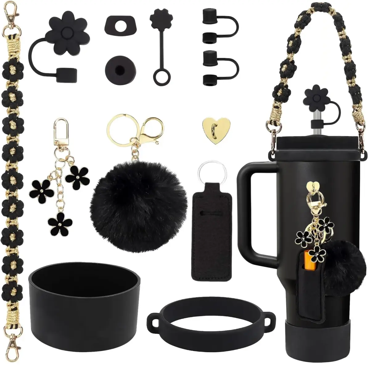 3tyto Black Gold 13 Pcs Stanley Cup Accessories Set - Bohemian Handle Strap & Silicone Boot - main product image