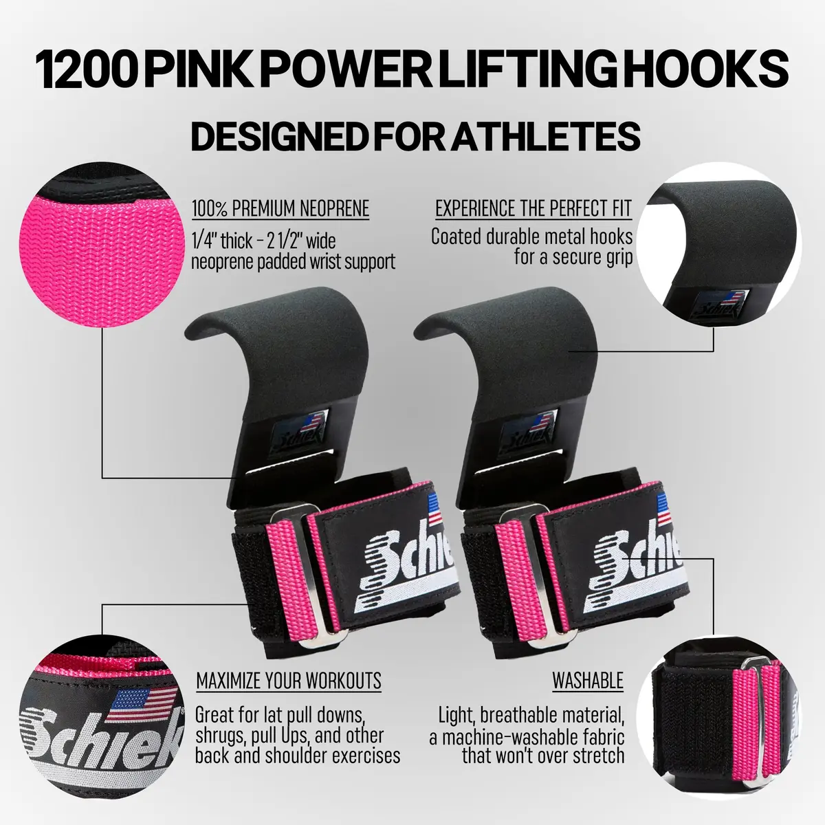 Schiek Pink Wearable Weightlifting Hooks | Heavy Support & Snug Fit (2.5" Wide) - view 3