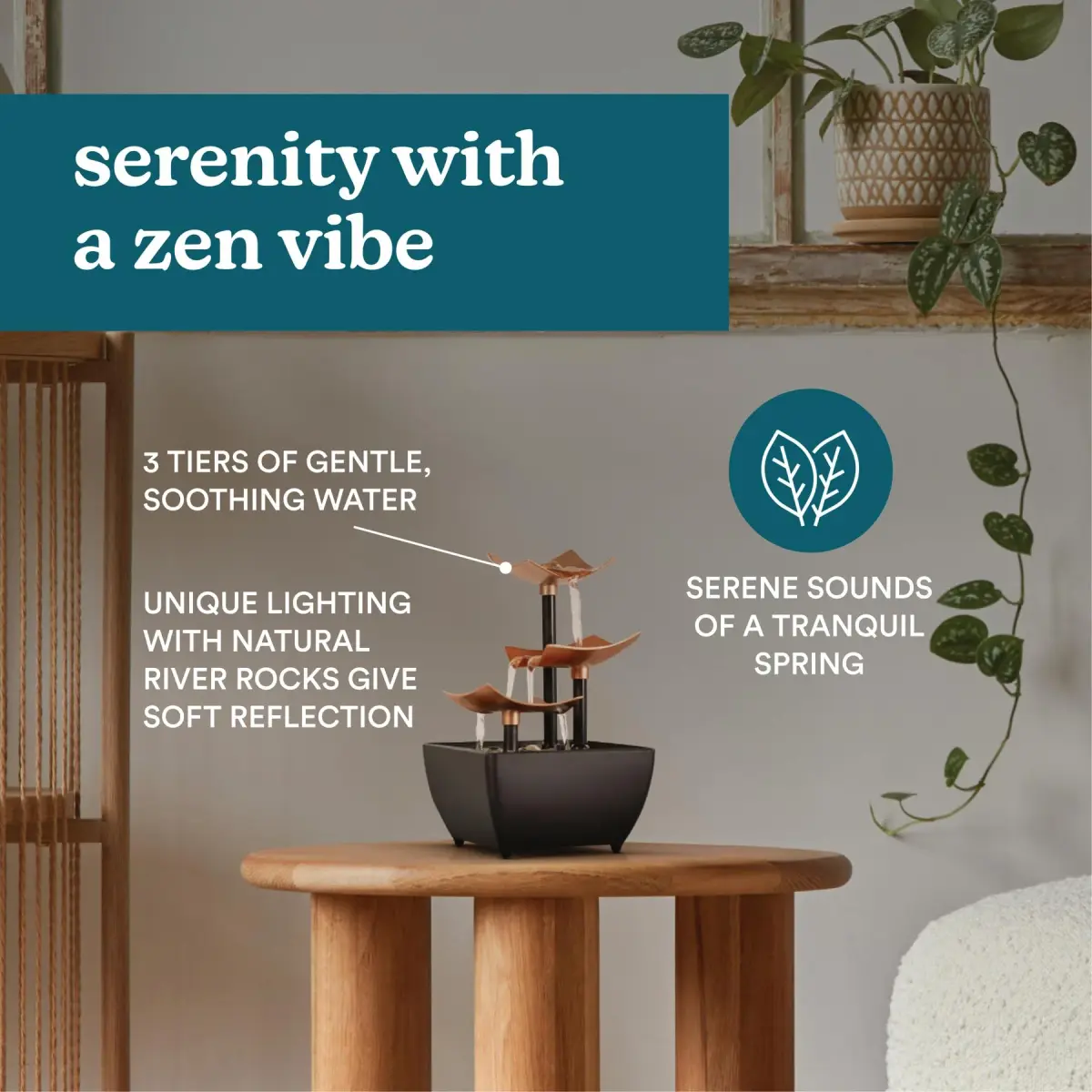Homedics 3 Tier Tabletop Waterfall Fountain with Natural River Rocks & Quiet Pump | 24.3 cm (9.57 in) Height - view 4
