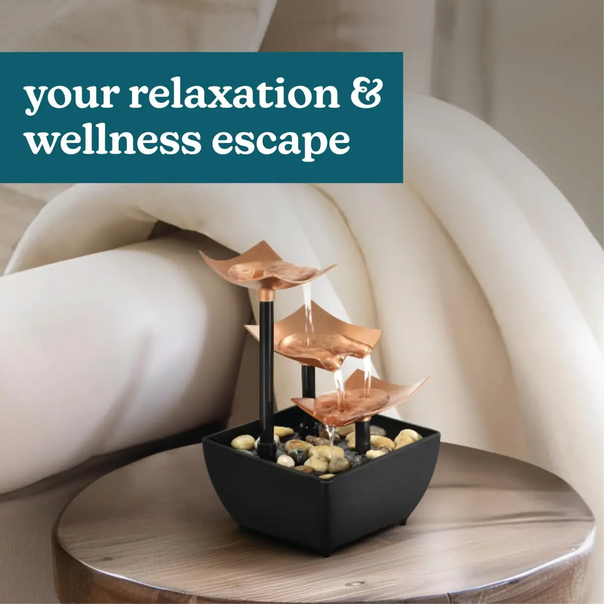Homedics 3 Tier Tabletop Waterfall Fountain with Natural River Rocks & Quiet Pump | 24.3 cm (9.57 in) Height - view 2