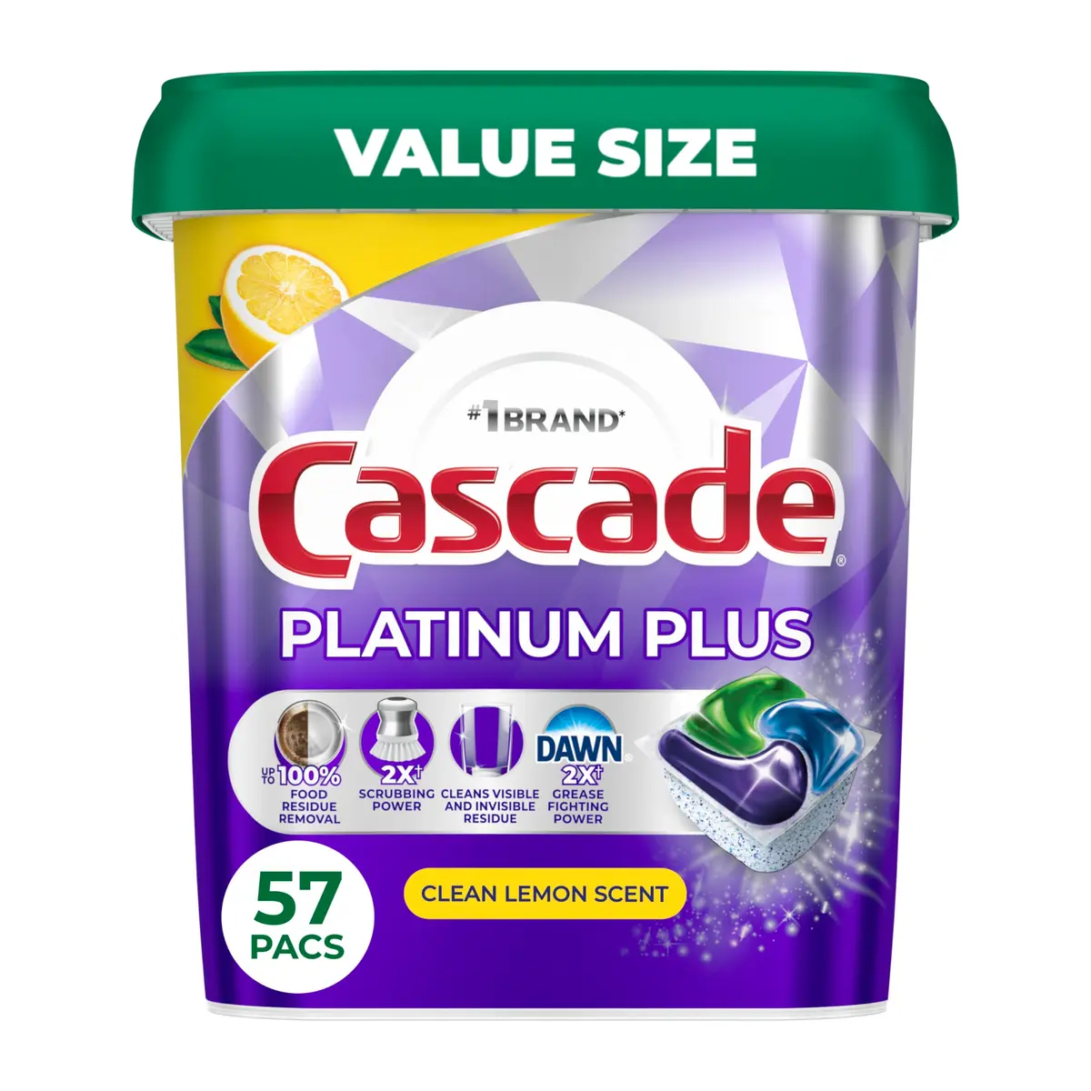 Cascade Platinum Plus Dishwasher Detergent Pods Lemon 57 Count | USA Imported, 220V Compatible, Phosphate Free - main product image