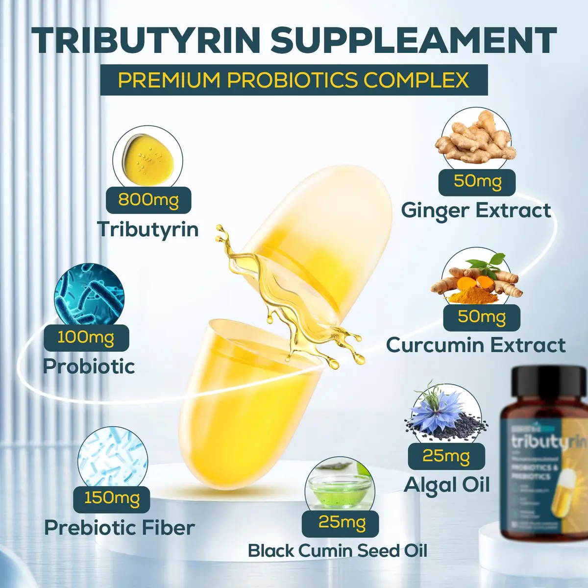 Quorinthiumax Tributyrin Supplement for Gut & Immune 800mg | High Bioavailability with Microencapsulated Probiotics & Prebiotics - 90 Capsules - view 4