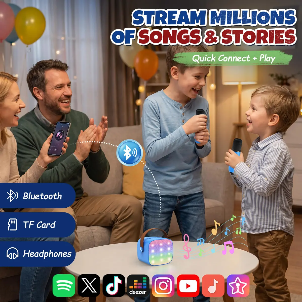 YLL Karaoke Machine for Kids, Royal-Blue, 1.12 lb (0.51 kg) | Bluetooth Speaker with 2 Wireless Microphones & Magic Voices - view 5