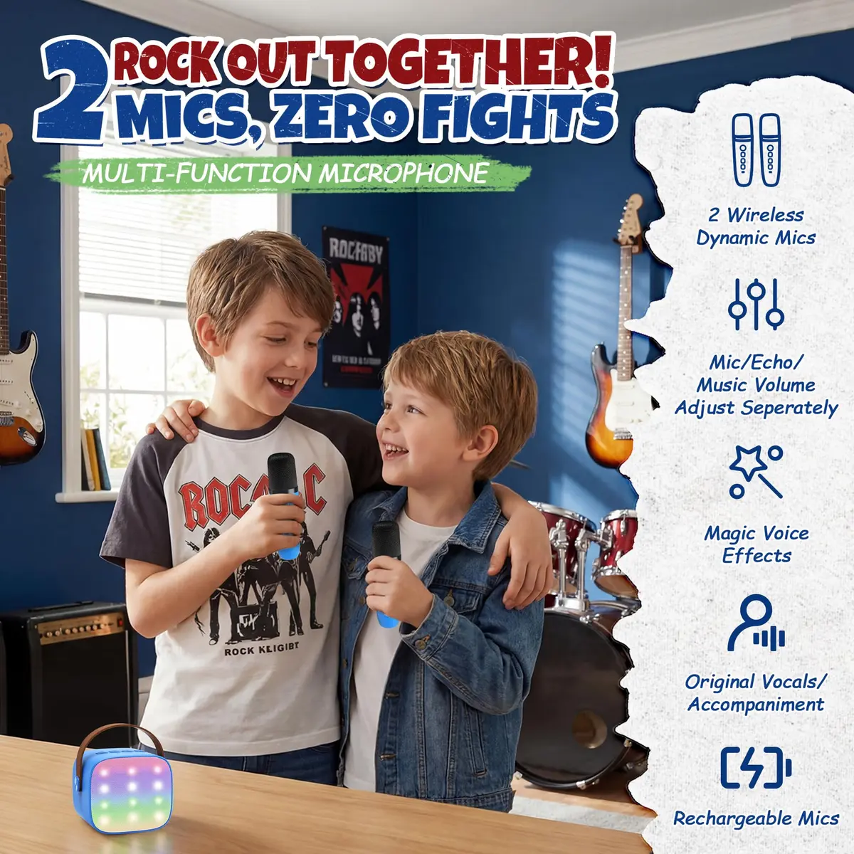 YLL Karaoke Machine for Kids, Royal-Blue, 1.12 lb (0.51 kg) | Bluetooth Speaker with 2 Wireless Microphones & Magic Voices - view 6