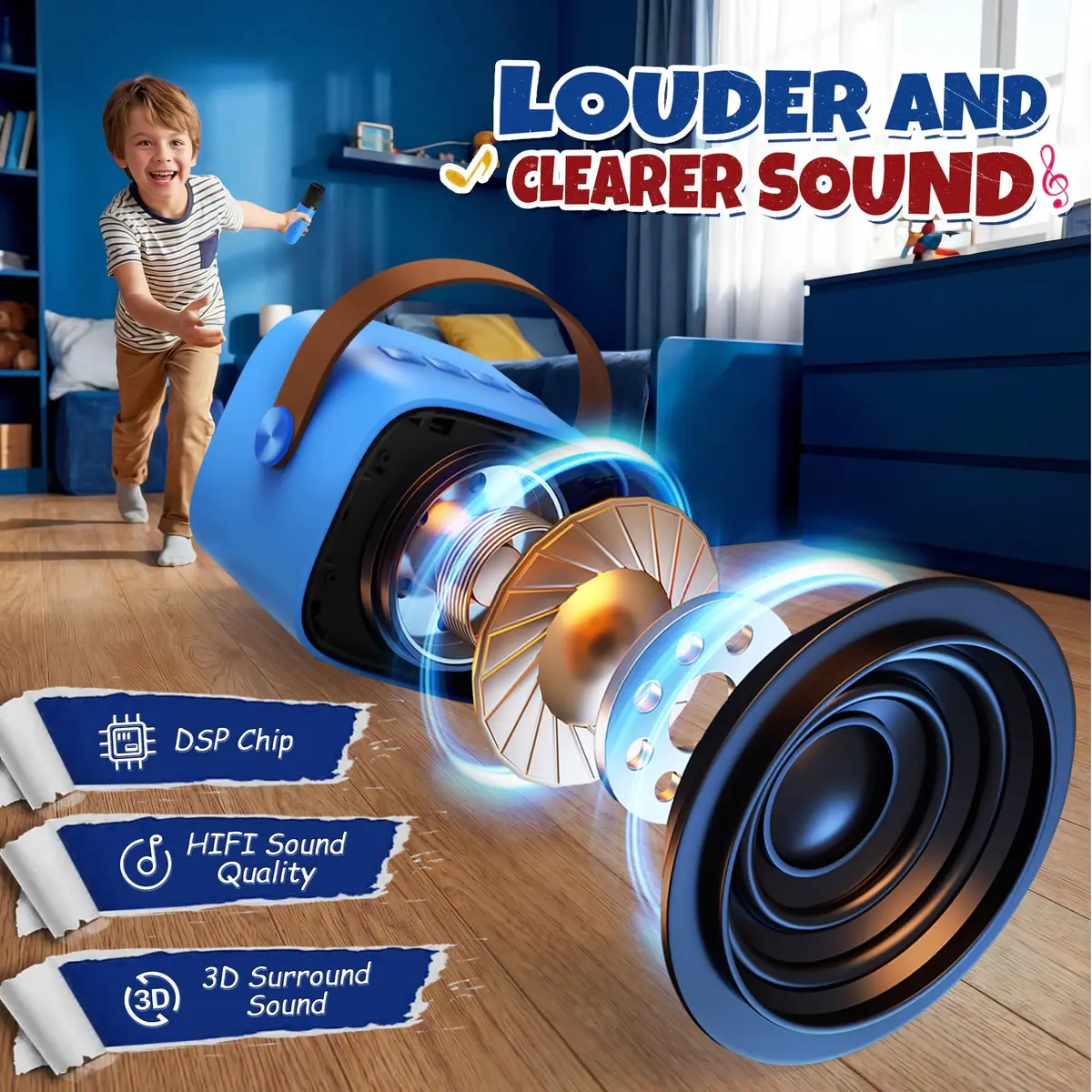 YLL Karaoke Machine for Kids, Royal-Blue, 1.12 lb (0.51 kg) | Bluetooth Speaker with 2 Wireless Microphones & Magic Voices - view 3
