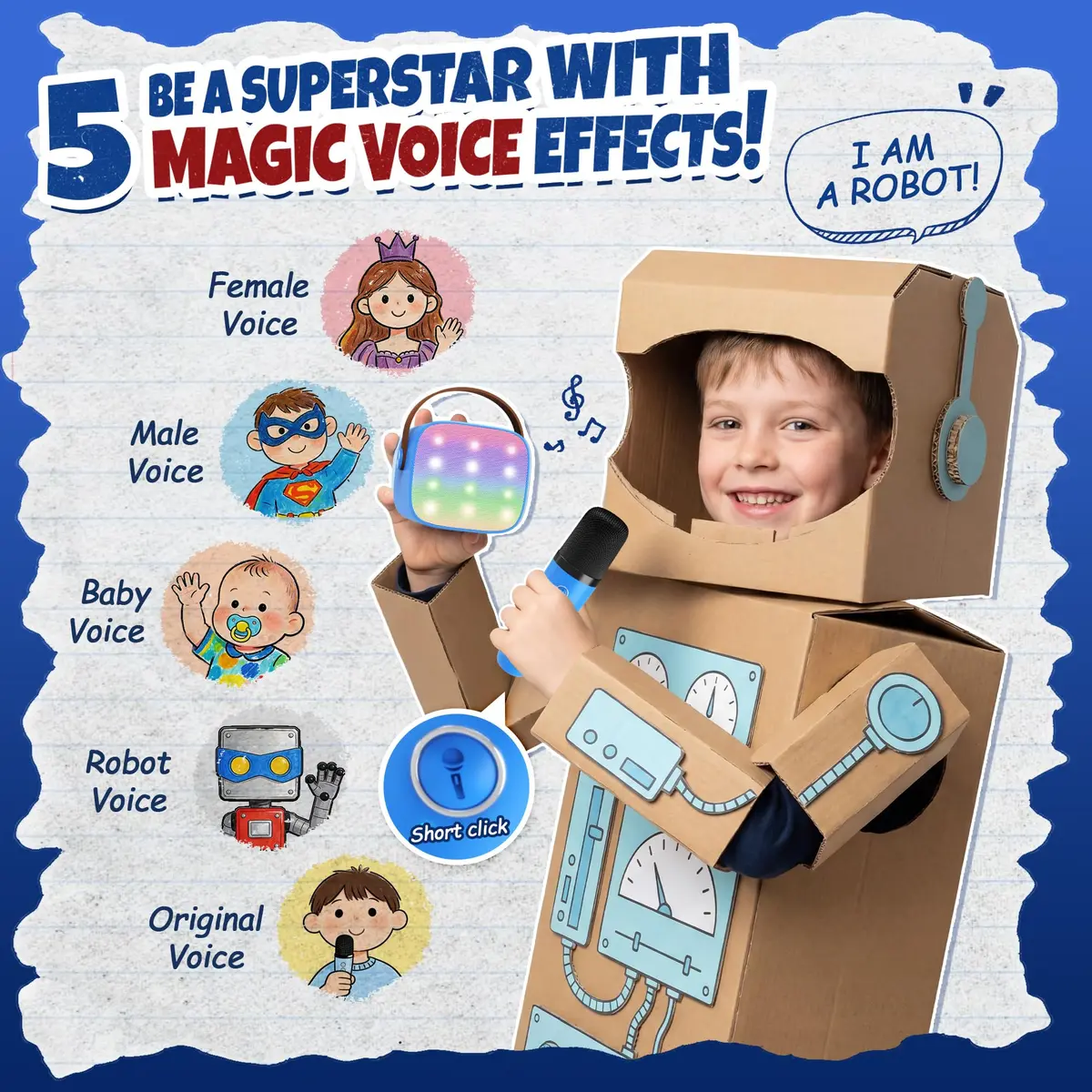 YLL Karaoke Machine for Kids, Royal-Blue, 1.12 lb (0.51 kg) | Bluetooth Speaker with 2 Wireless Microphones & Magic Voices - view 4