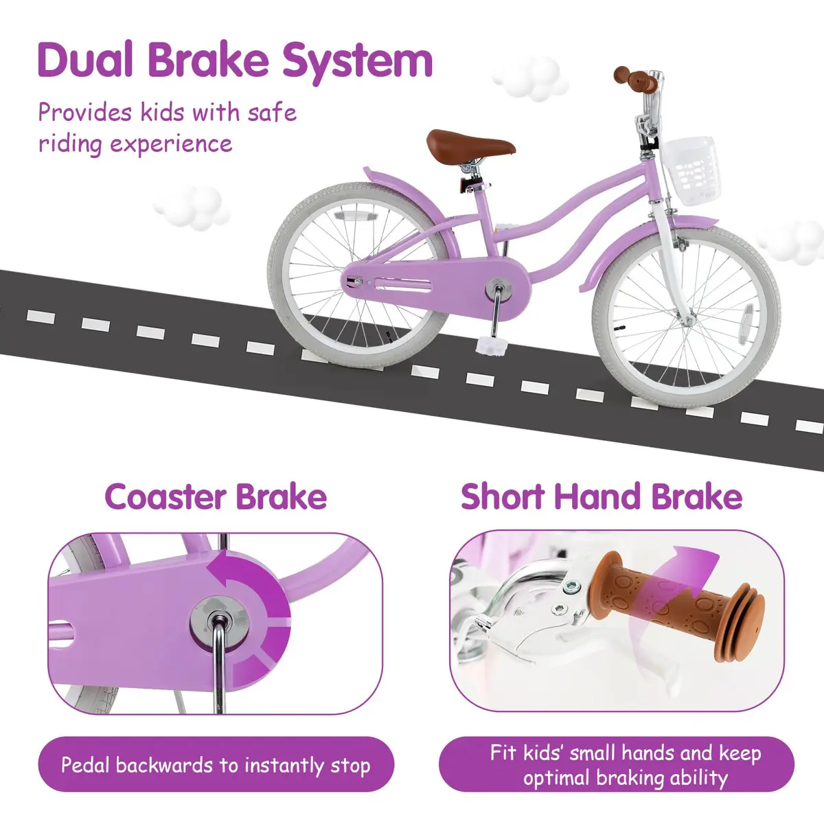 HONEY JOY Kids Bike, 20 Inch Purple | Fully Enclosed Chain, Adjustable Handlebar & Seat, Safe Dual Brake System - view 5