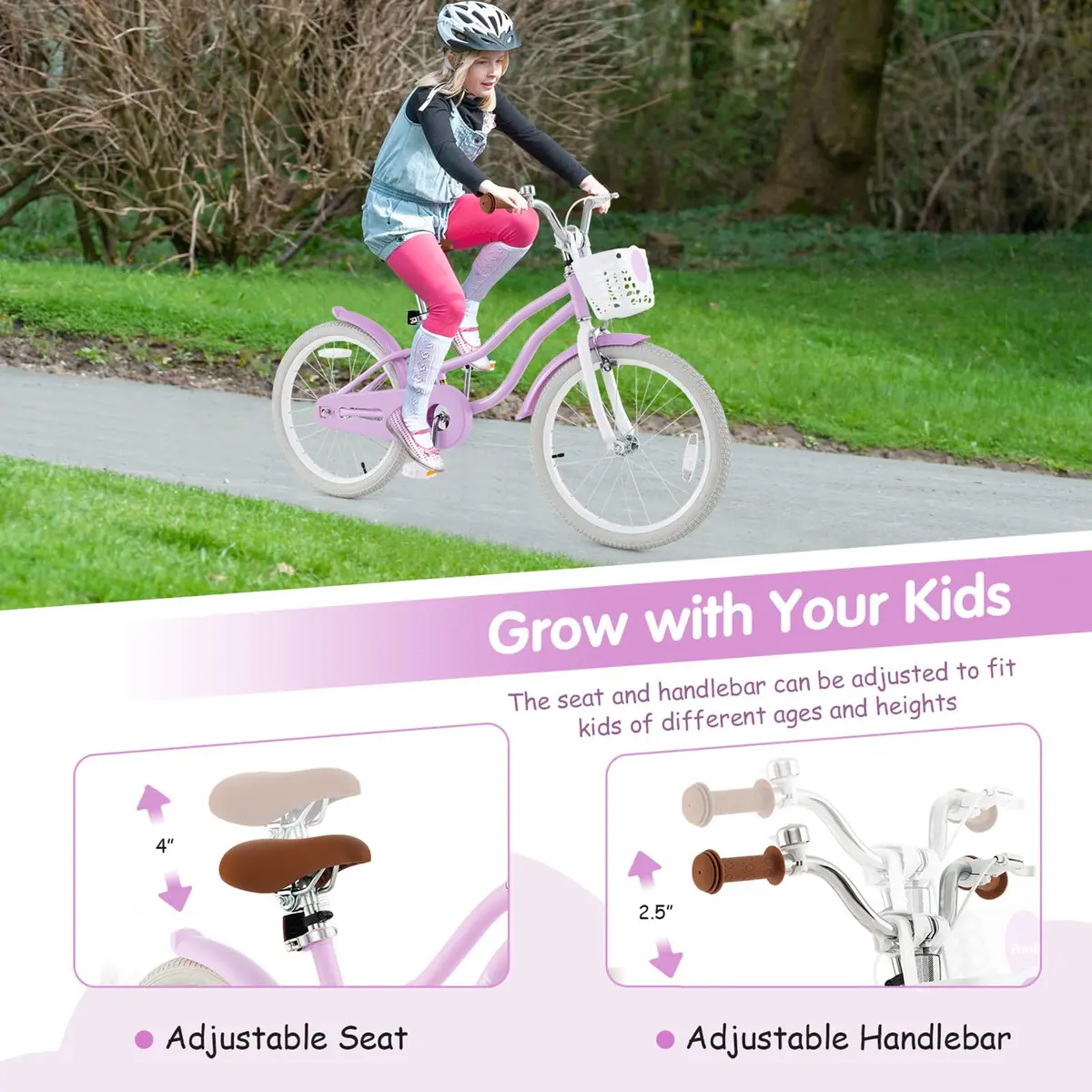 HONEY JOY Kids Bike, 20 Inch Purple | Fully Enclosed Chain, Adjustable Handlebar & Seat, Safe Dual Brake System - view 3