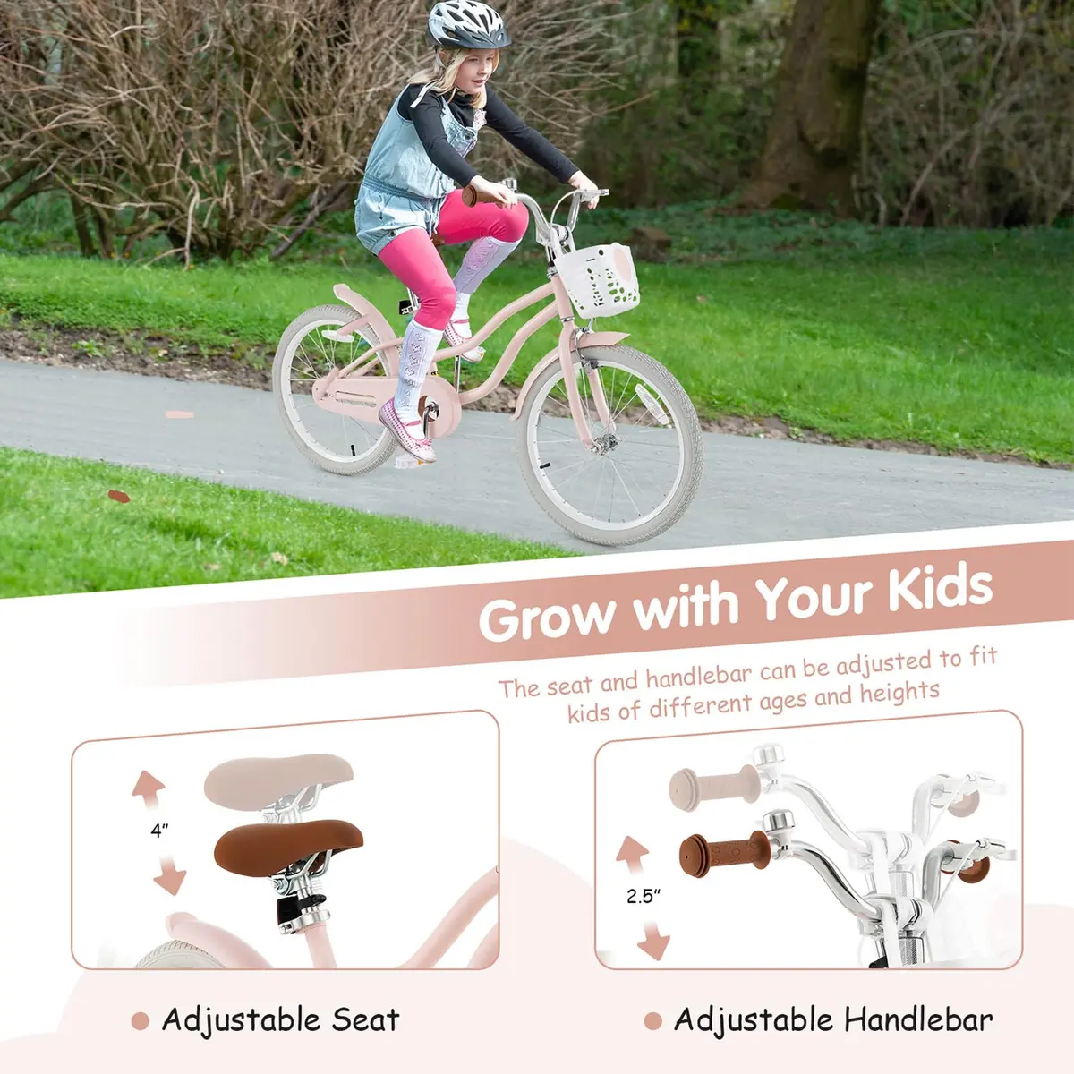 HONEY JOY Kids Bike, 20 Inch Pink | Adjustable Handlebar & Seat, Fully Enclosed Chain, Kids Bicycle for 8+ - view 3